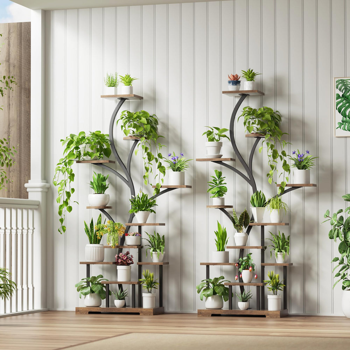 BELLEZE 63 Inch 11-Tier Metal Plant Stand with LED Grow Lights, Tall Indoor Plant Shelf & Corner Flower Display Rack for 15-18 Pots of Large Plants in Living Room, Bedroom, or Balcony (Brown)