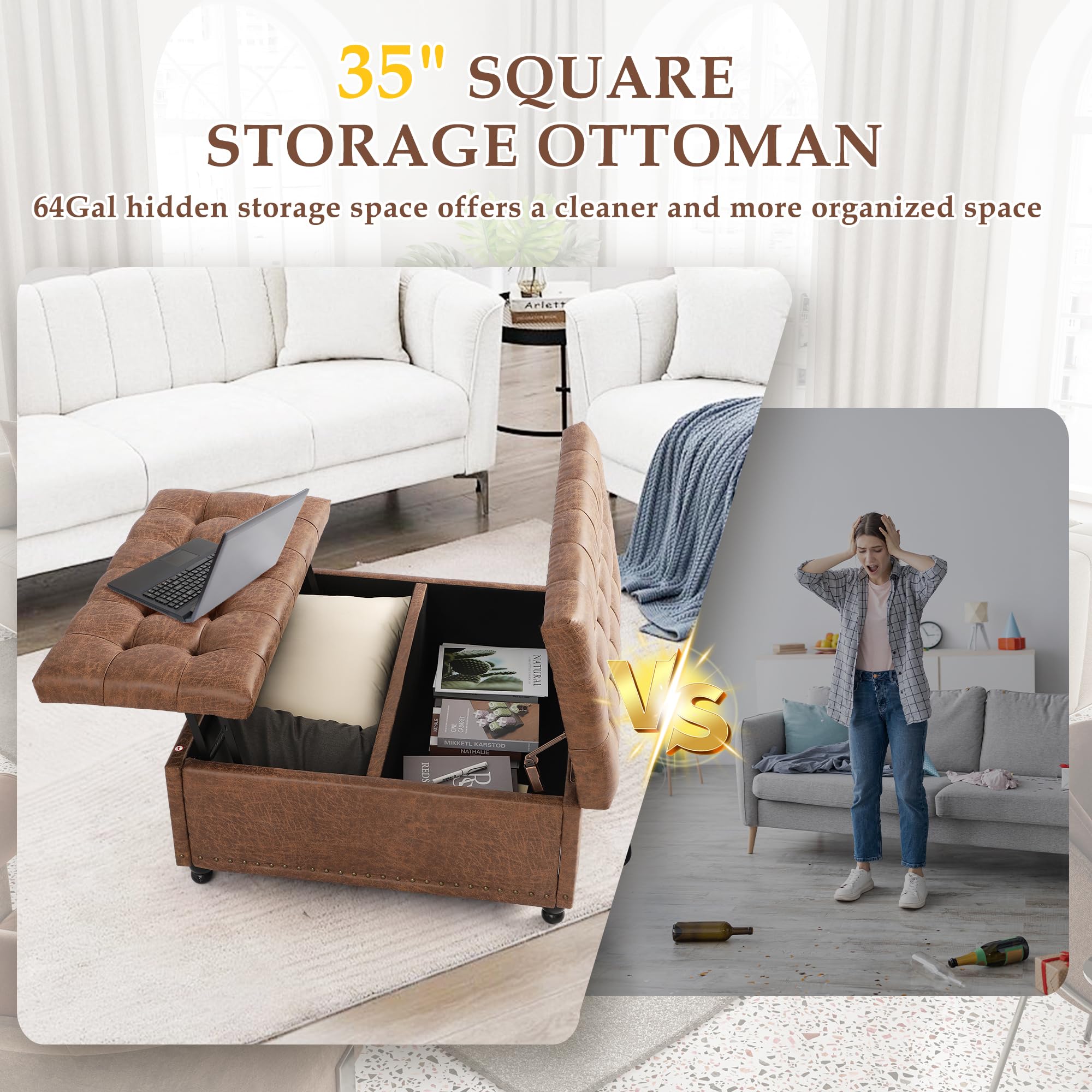 UTOASIS 36" Large Square Ottoman with Storage, Tufted Upholstered Storage Ottoman with Lift Top & Solid Legs for Bedroom Room, Extra Large Coffee Tables Bench for Living Room as Footstool (Brown)