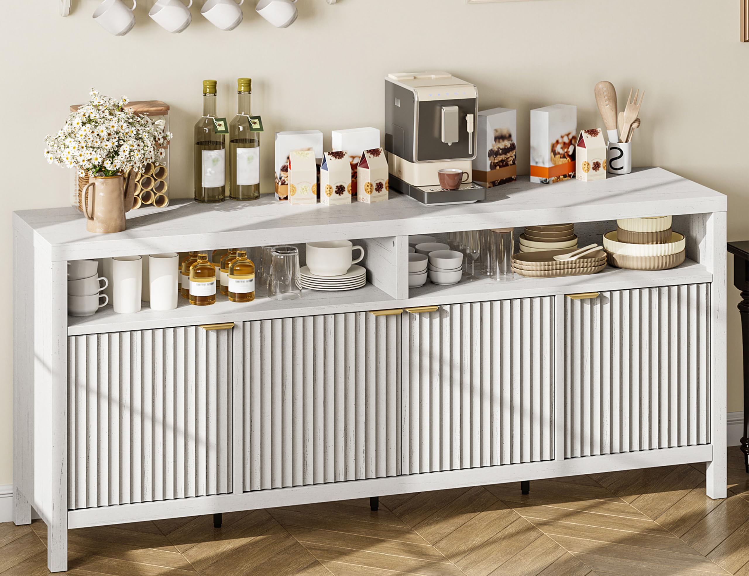 GarveeLife 65 Inch Fluted Sideboard Buffet Cabinet with Storage, Modern Wood Sideboard Cabinet with 4 Doors, Buffets & Sideboards for Kitchen,Dining Room,Living Room,Hallway,White