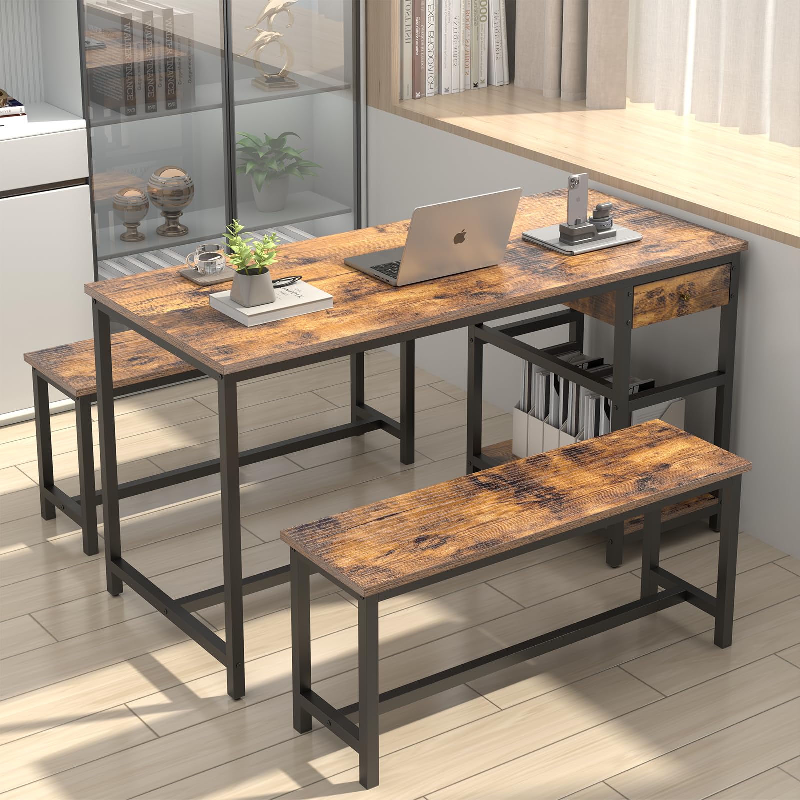 Dining Table Set with Storage & Wine Rack, Brown