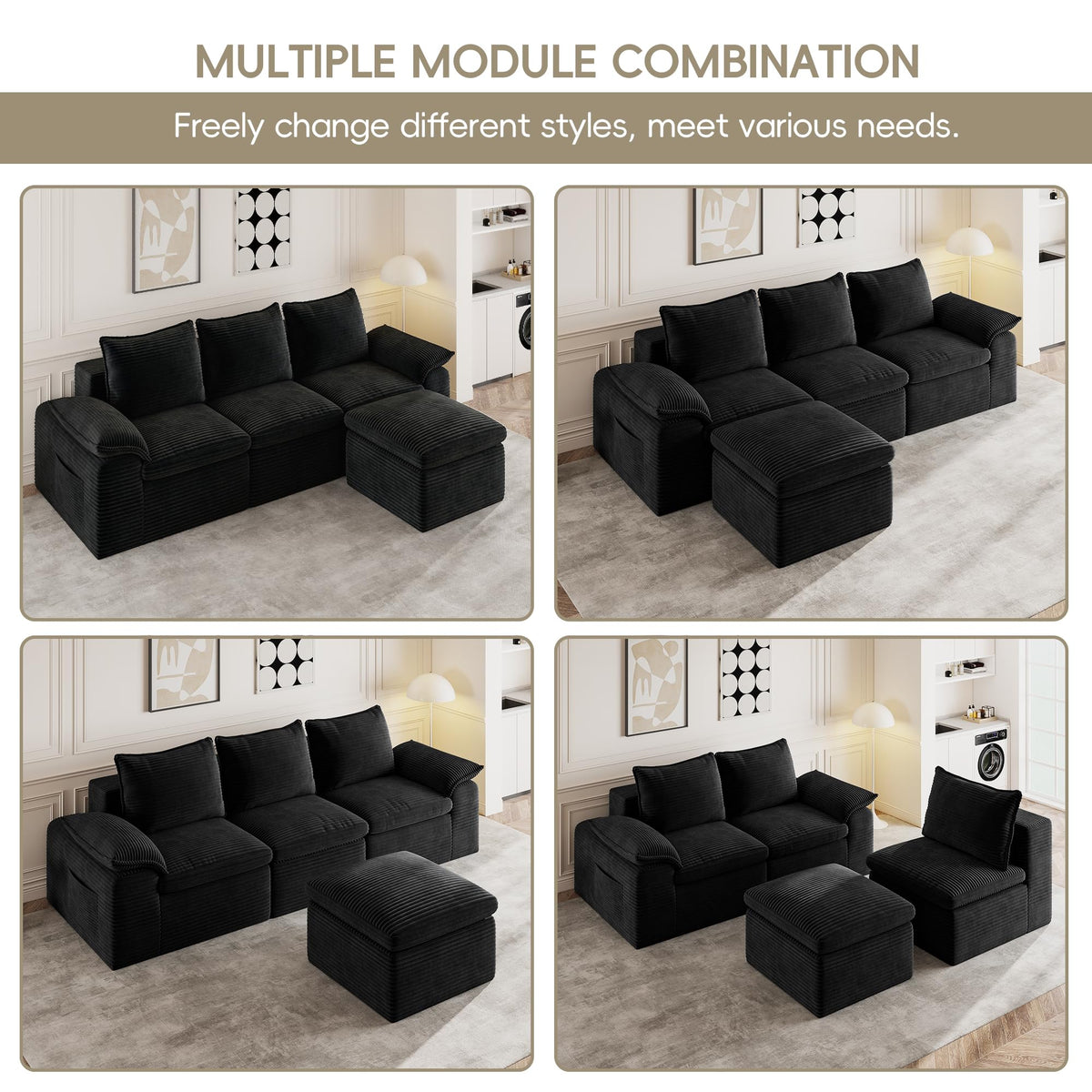 Black Corduroy Sectional Sofa Set