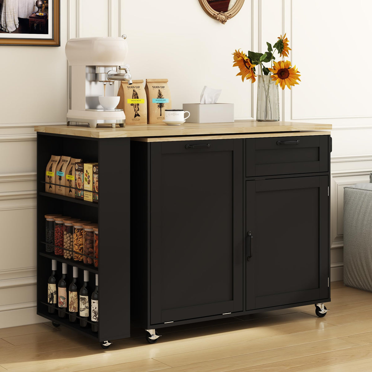 48-72” Extendable Kitchen Island with Trash Can Storage and Power Outlets, Rolling Kitchen Island Cart with 360°Swivel Dining Table, 6Tier Spice Rack，Mobile Wooden Island Table for Kitchen,Dining Room