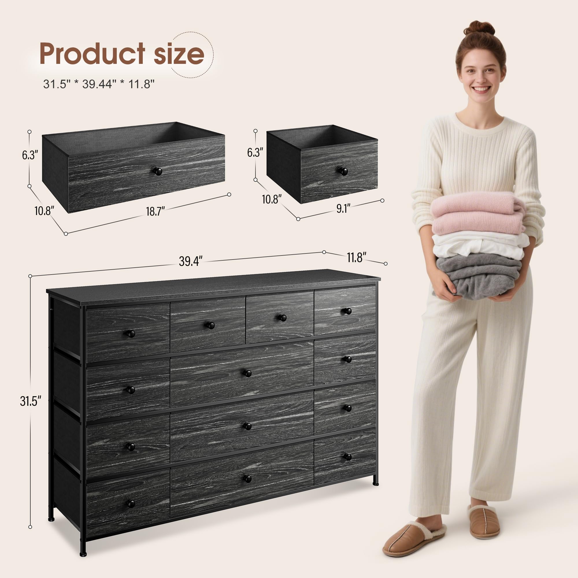 EnHomee Black Dresser TV Stand with 13 Fabric Dresser 45 Inch TV Stand for Bedroom Chests of Drawers for Bedroom, Entryway, Wood Top and Sturdy Frame