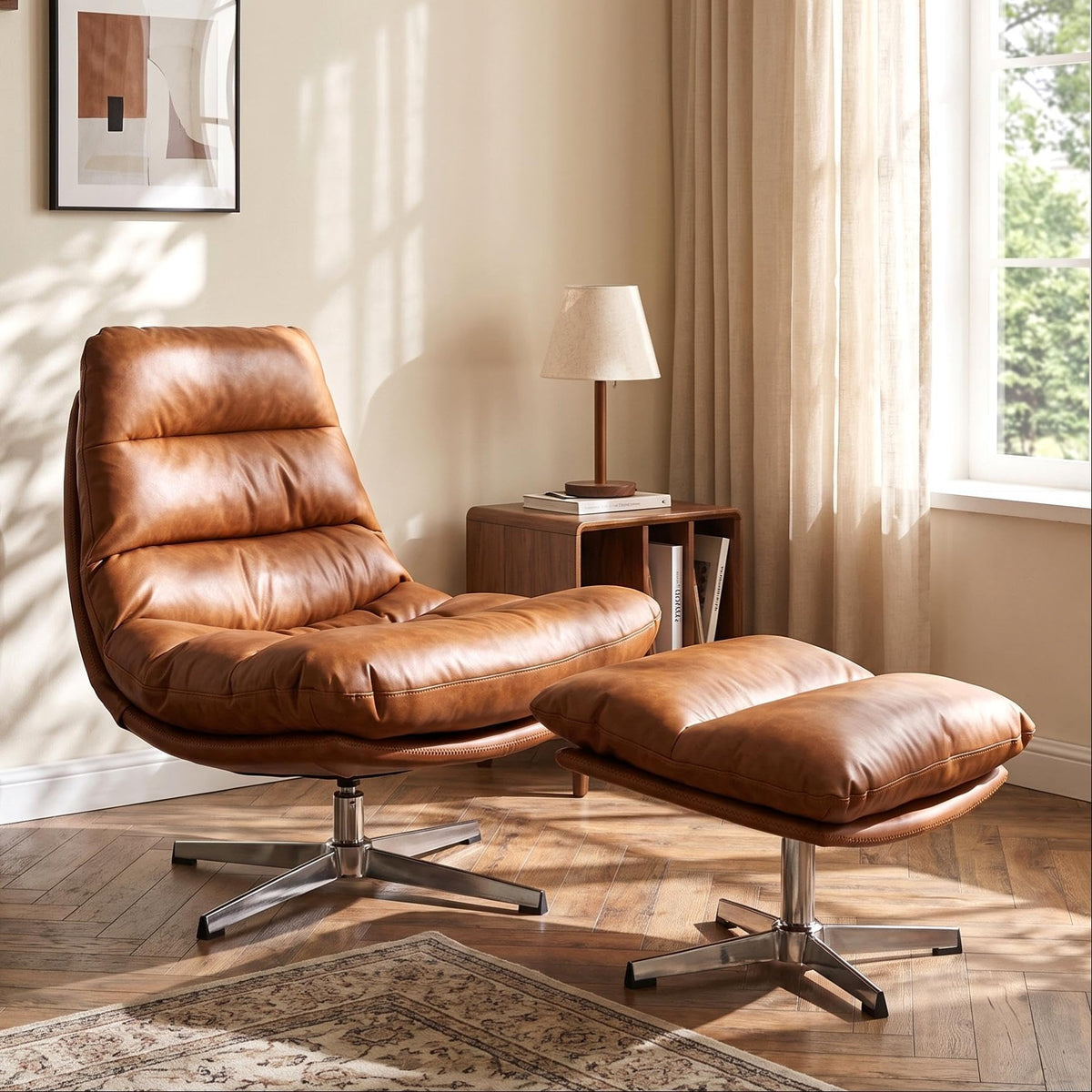 HNY Brown Swivel Lounge Chair with Ottoman Modern PU Leather Accent Chair with Footrest 33'' Wide Oversized Armless Upholstered Reading Chair with Footstool for Living Room Bedroom Comfy