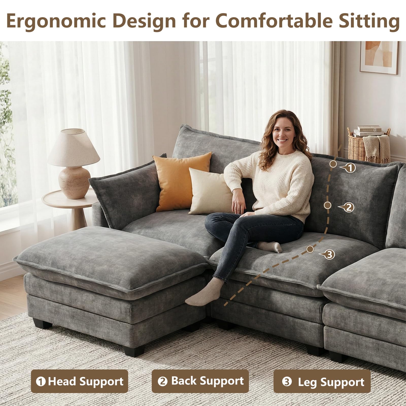 Hawarida Modular Sectional U Shaped Sofa Couches for Living Room, Cloud Couch with Movable Ottoman, Comfy Chenille Sofa with Pillow for Bedroom and Apartment, Dark Grey