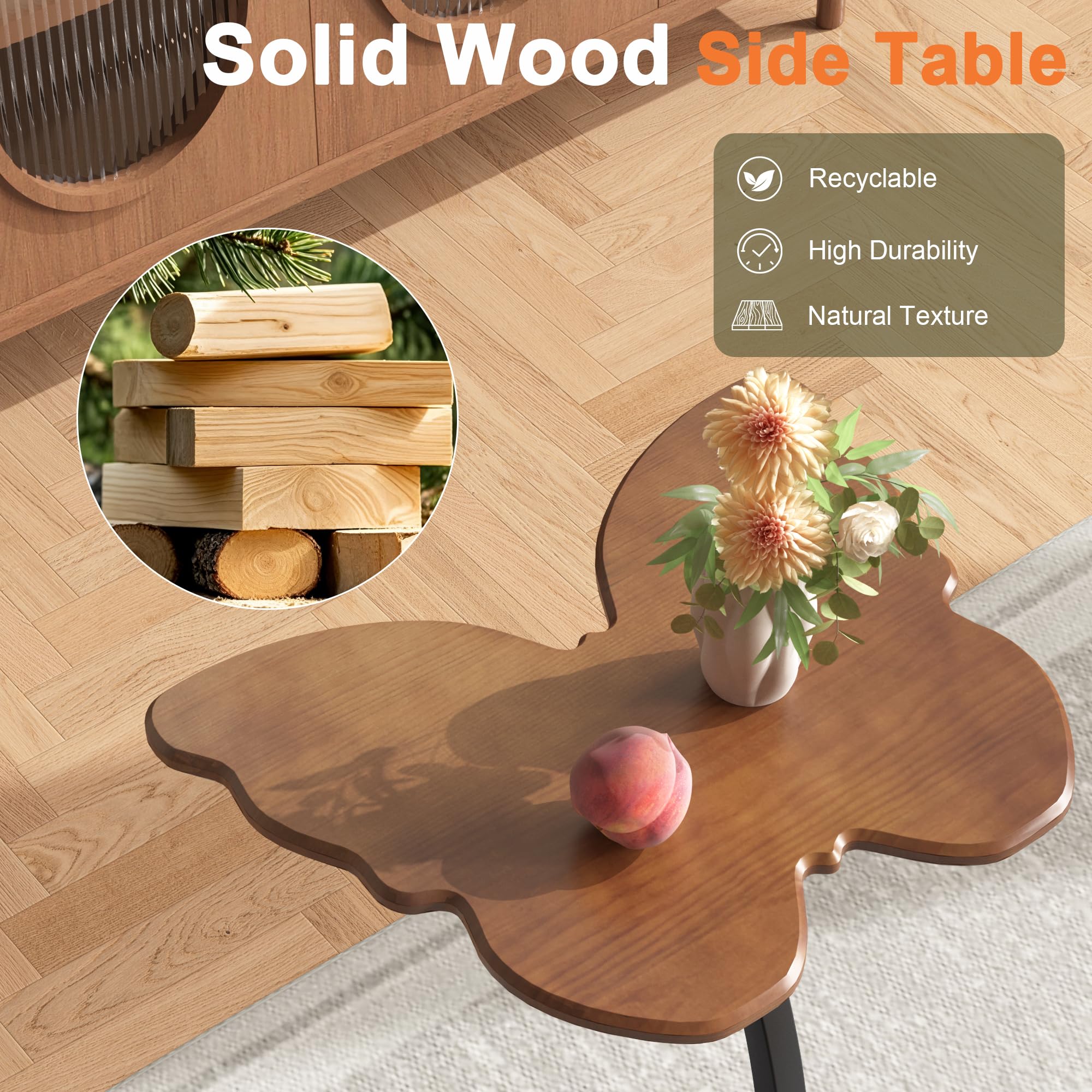 WFSRESTD Butterfly End Table, Solid Pine Wood Side Table with Black Metal C-Shaped Base, Rustic Accent Table for Living Room Bedroom, Walnut Finish, Easy Assembly