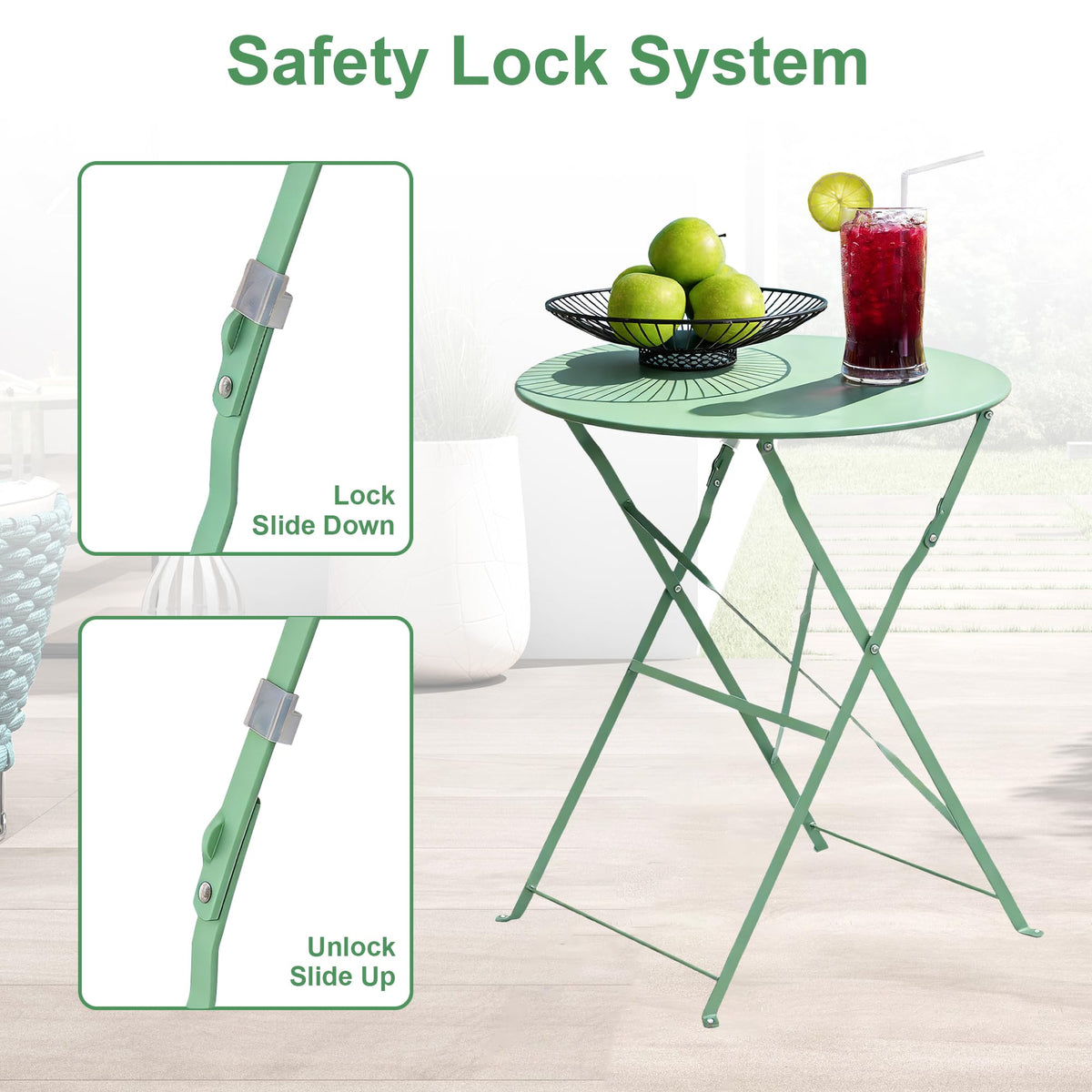 Decksplore 3-Piece Patio Bistro Set, Folding Outdoor Bistro Table and Chairs with Sturdy Steel Frame, No Assembly Required, Small Patio Furniture for Balcony Garden Porch, Bean Green