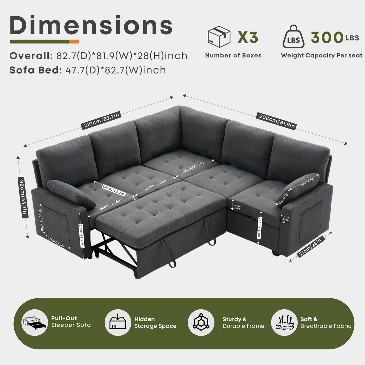 Huatean Home 82" Pull Out Couch with Storage, Sleeper Sofa, 5 Seat L Shaped Sectional Couches for Living Room, Modular Sectional Couch with Removable Covers, Dark Grey