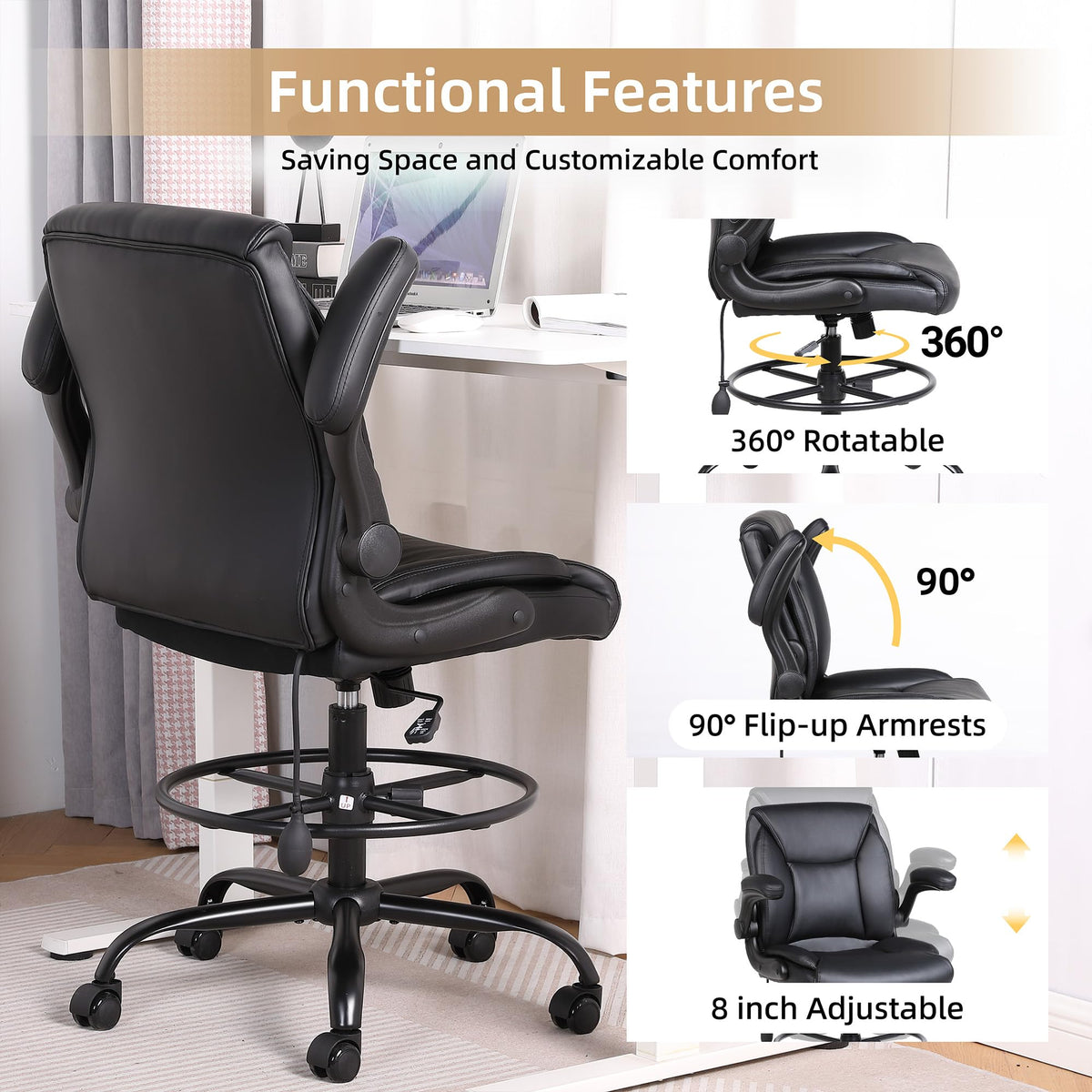 Ermnois PU Leather Drafting Chair, Adjustable Lumbar Support, Black,1