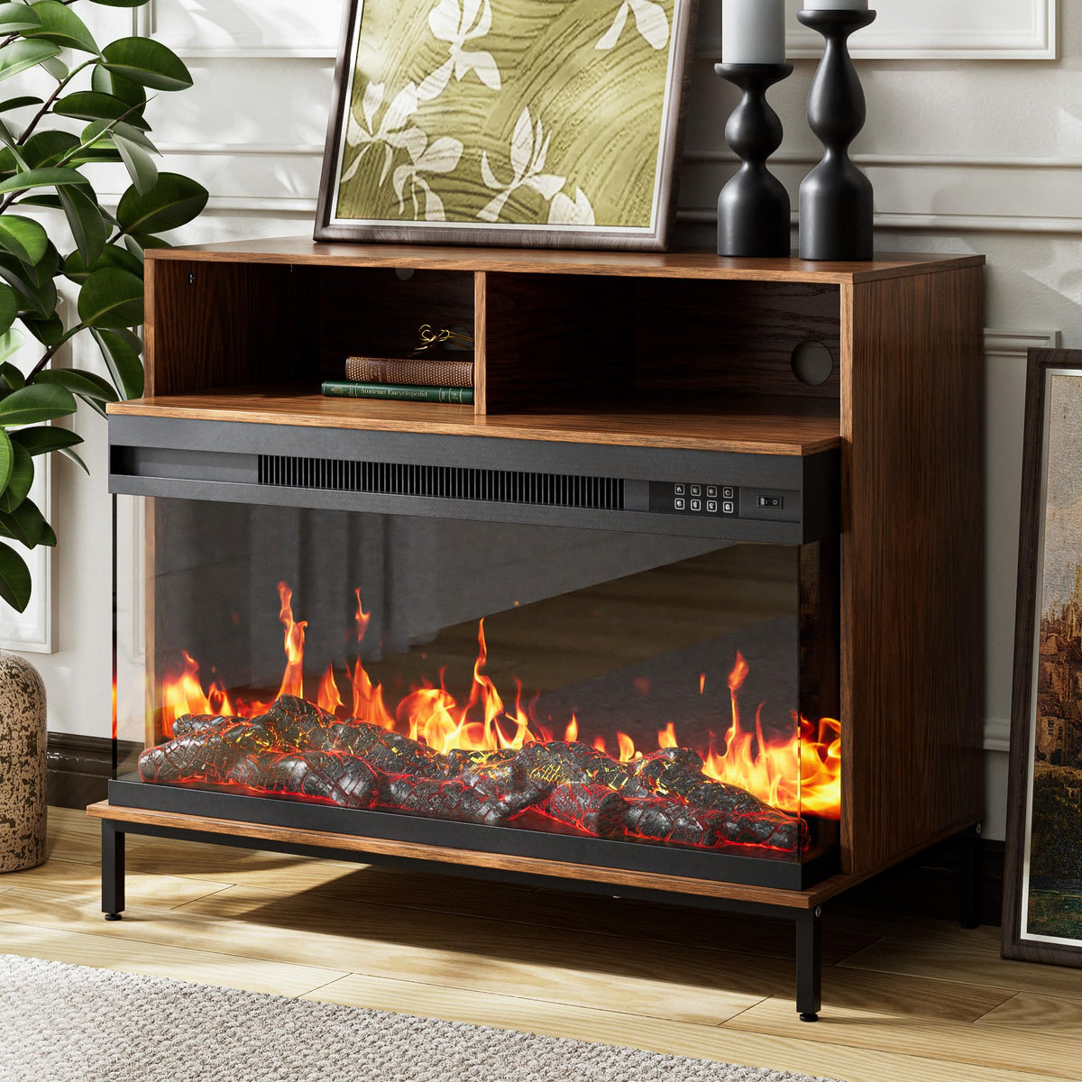 38" Electric Fireplace with Farmhouse Brown Mantel, 3-Sided Glass w/Remote