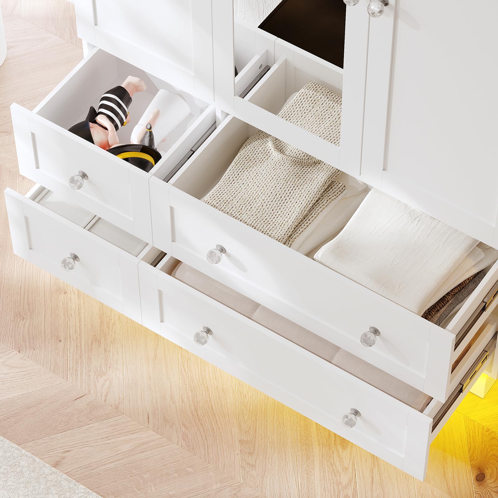 Wardrobe Closet with Mirror, LED Light & 4 Drawers