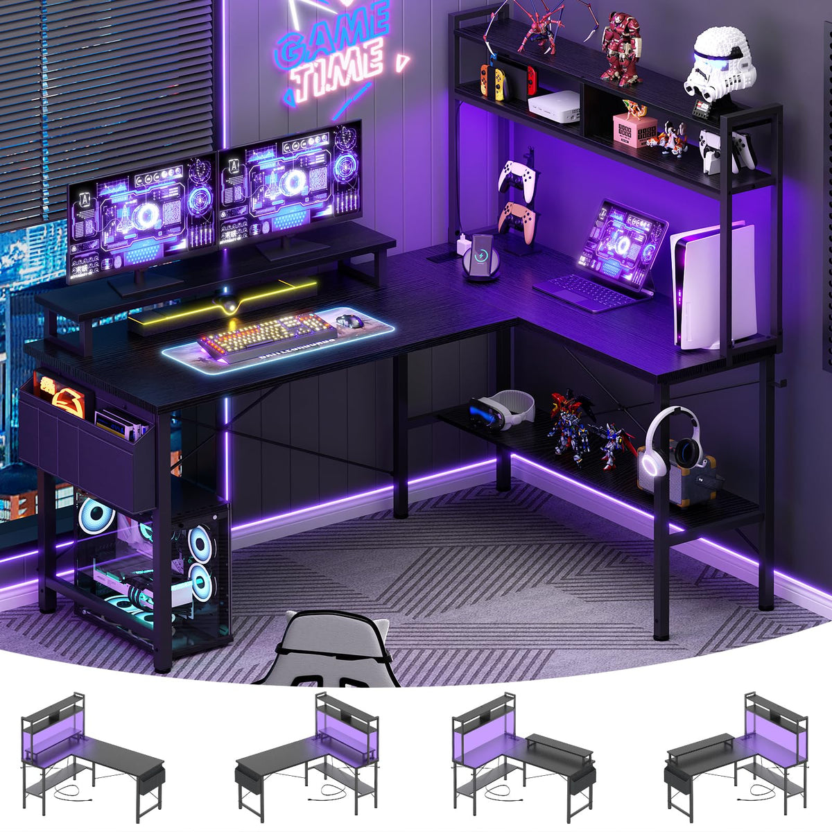 Aheaplus L Shaped Gaming Desk with Power Outlets & LED Lights, Black