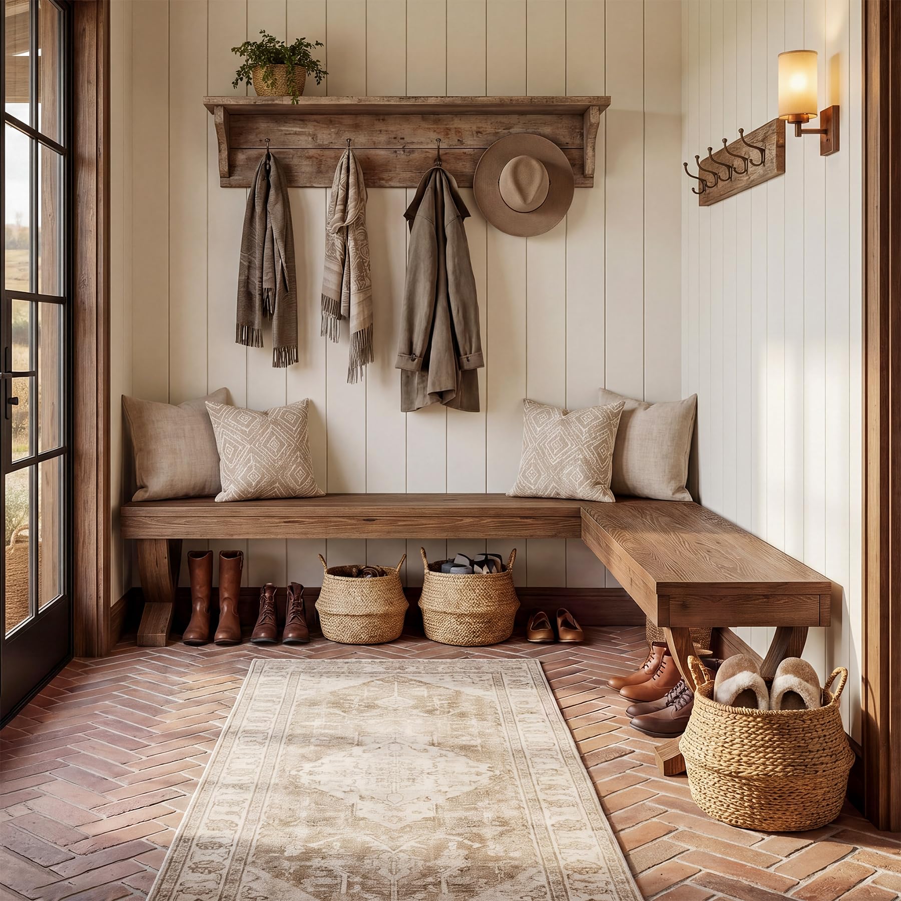 TRIBEWOOD L Shaped Solid Wood Corner Bench, 55-Inch Farmhouse Table Bench with X-Shaped Leg, Backless Entryway Shoe Bench, for Dining Room, Hallway, Rustic Brown