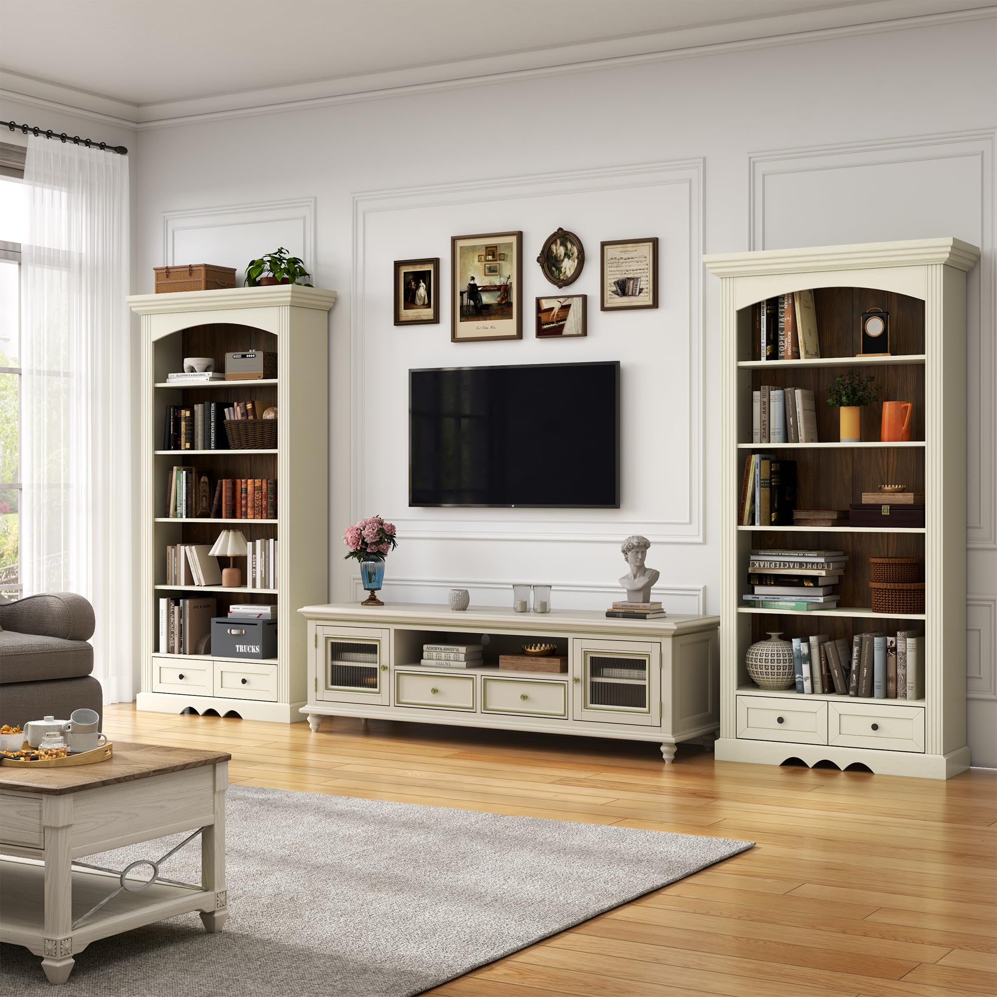 Gyfimoie 71’’ Tall Arched Bookcase with Stroage, Farmhouse 5-Tier Arch Bookshelf with Drawers, Freestanding Book Shelf with Adjustable Shelf and Roman Column Pattern for Home Office (1, White)