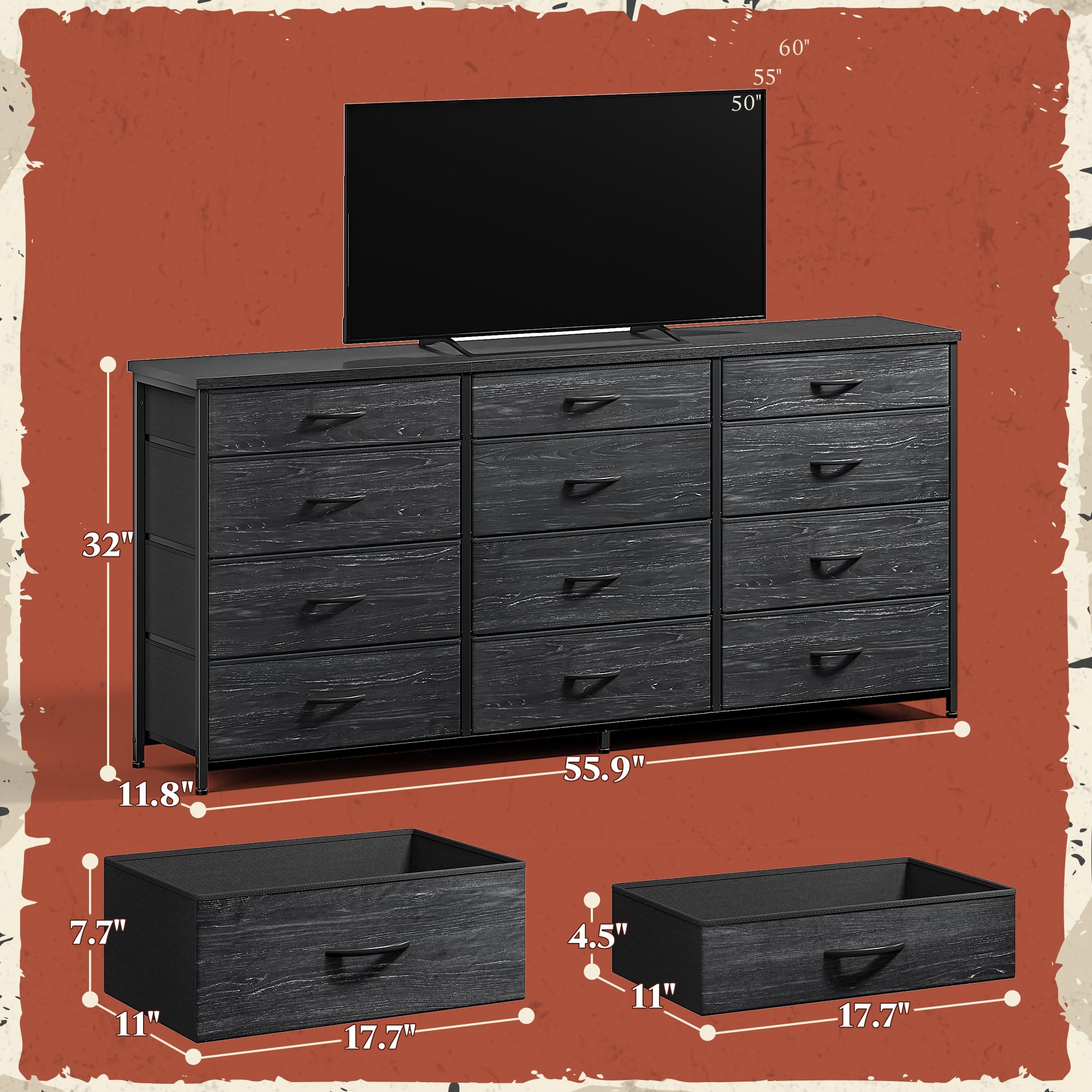 55" Long Dresser with 12 Drawers & TV Stand