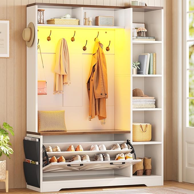 Hall Tree with Bench, Shoe Storage & LED Lights