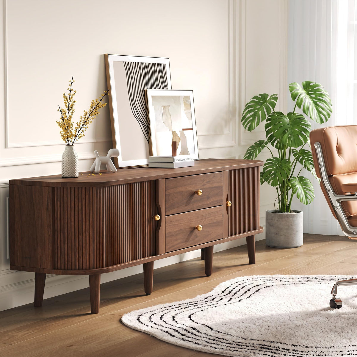 70" Mid-Century Fluted TV Stand with Storage up to 80 Inch, Walnut