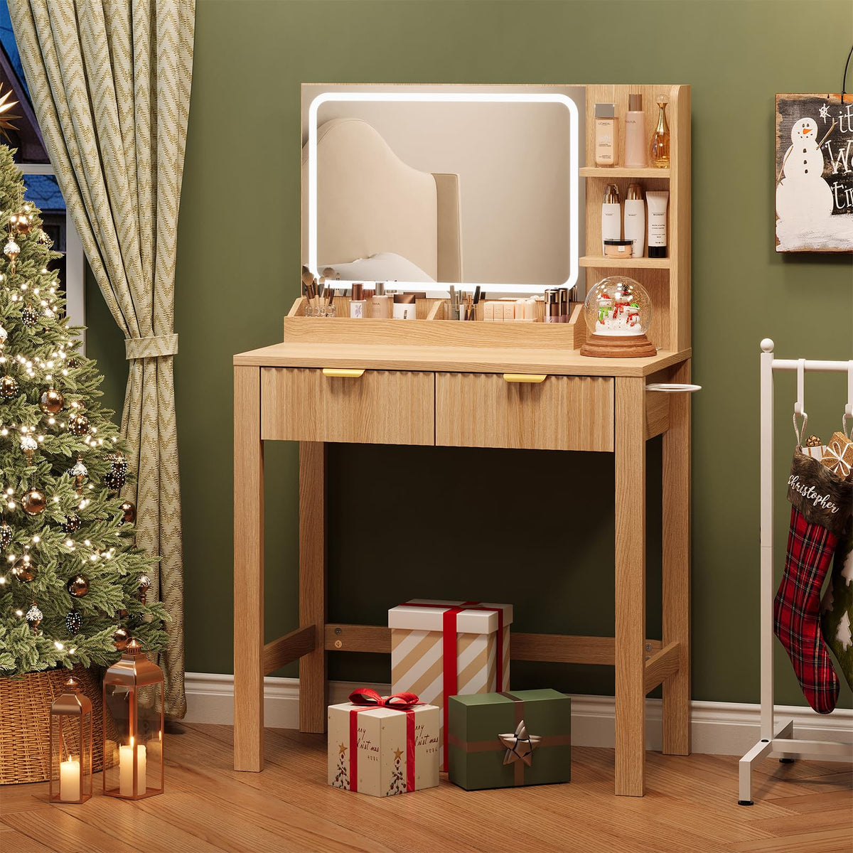 Fluted Vanity Desk with Mirror and Lights, 30.7" Small Makeup Vanity, Oak