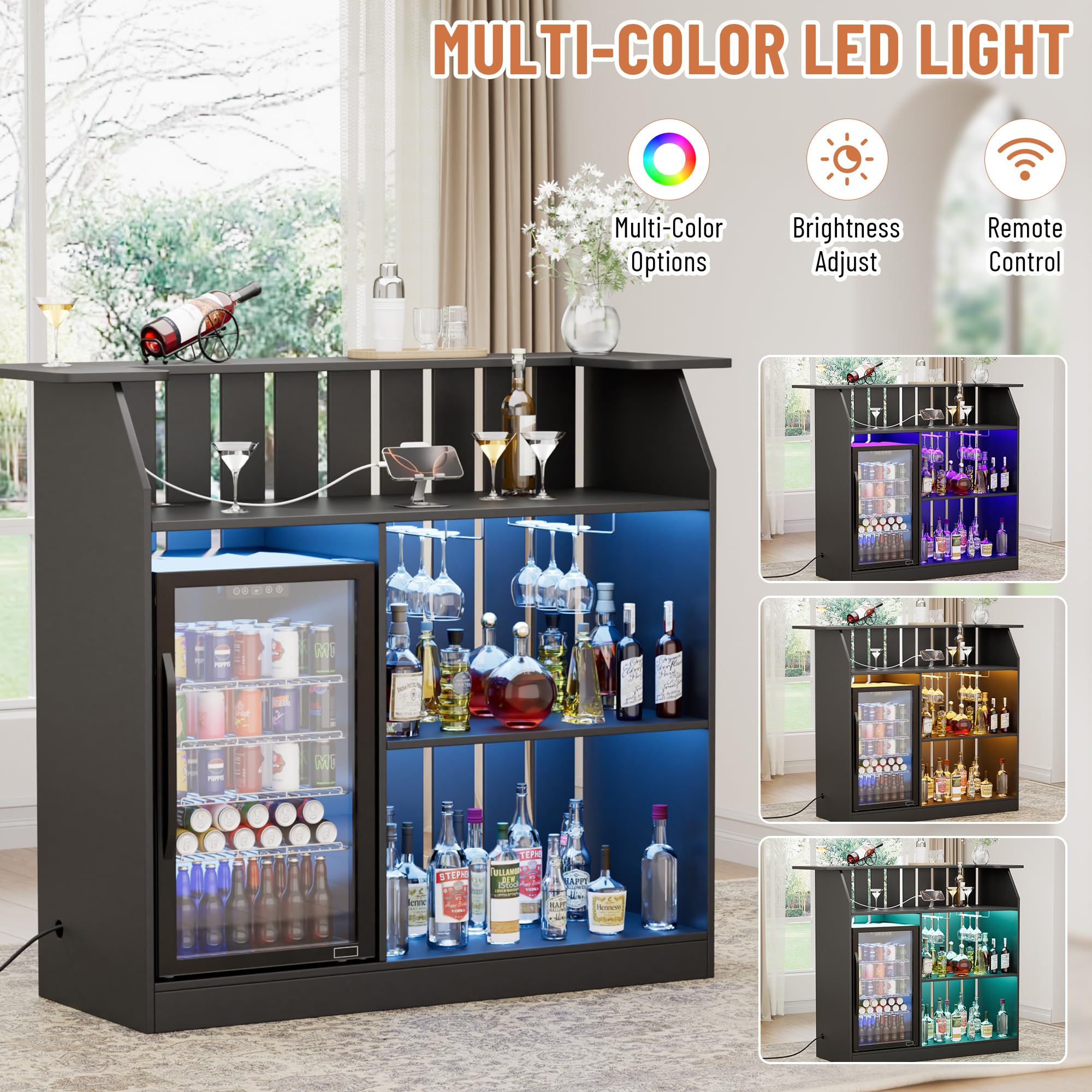 U-Shape Bar Table, Home Bar Unit with Fridge Space, 4 Tier Liquor Wine Cabinet with LED Light, Power Outlet, Wine Glass Holder, Modern Mini Bar with Storage for Living Room, Basement, Home Pub, Black