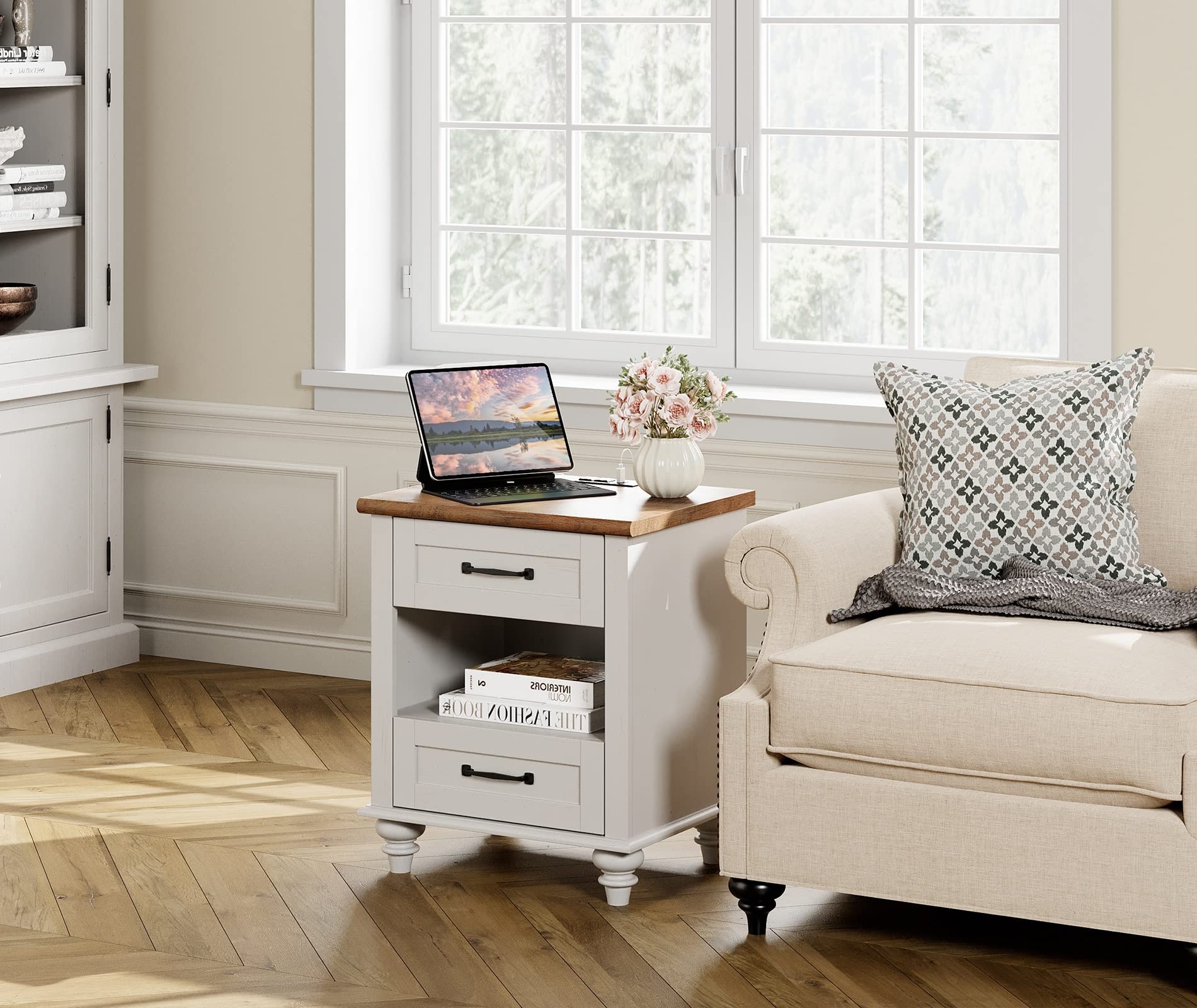 WAMPAT Set of 2 Nightstands with Charging Station Side Table with Two Drawers & Open Shelf, Mid-Century Modern Bedside Tables End Table with Solid Wood Legs, White Night Stand for Bedroom, Living Room