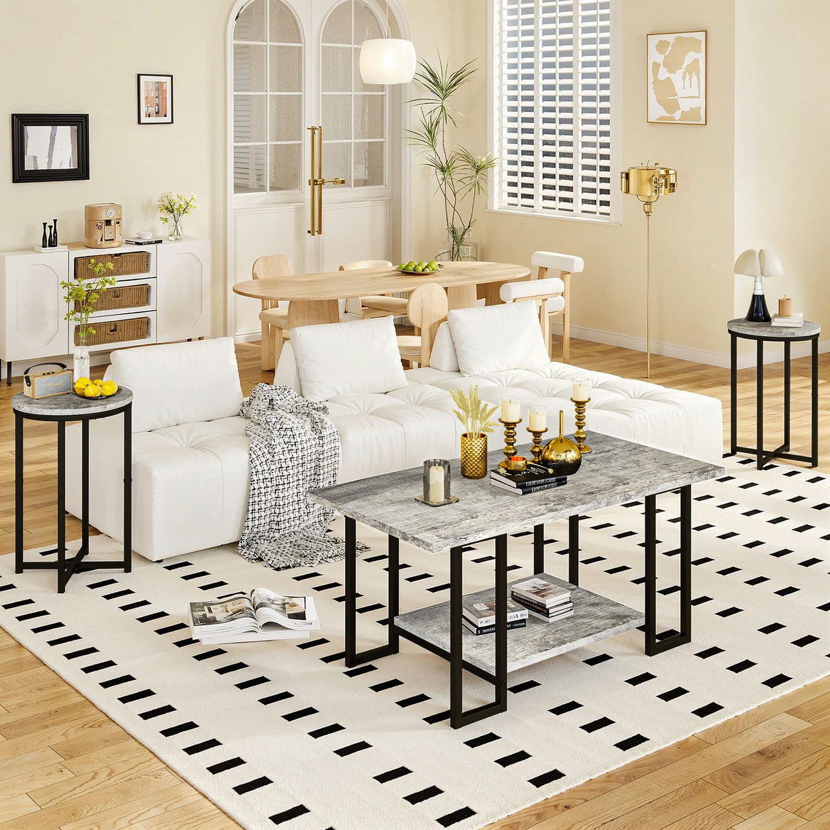 Lamerge 3 Pieces Living Room Table Set, Coffee Table with 2 Round End Side Tables, Coffee Table Set with Metal Frame for Apartment Home Office, Grey&Black