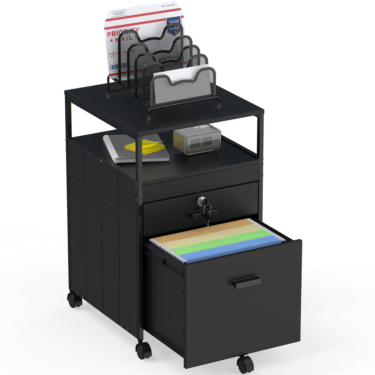 SHW Box File Rolling Mobile Cabinet with Lockable Drawer, Black