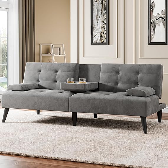 64" Futon Sofa Bed with Adjustable Backrest & Cup Holders