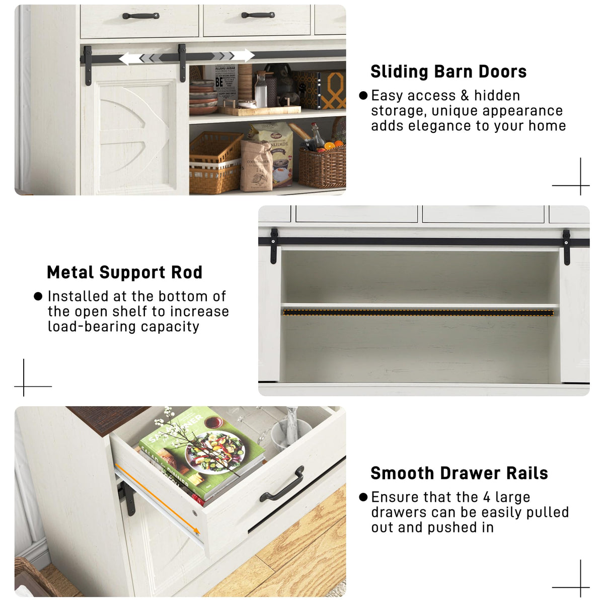 70” Large Buffet Sideboard Cabinet w/4 Drawer,Farmhouse Coffee Bar Cabinet Buffet with Storage,Sliding Door,Long Kitchen Buffet Table,Kitchen Sideboard Storage Cabinet,Credenza for Dining Room,White
