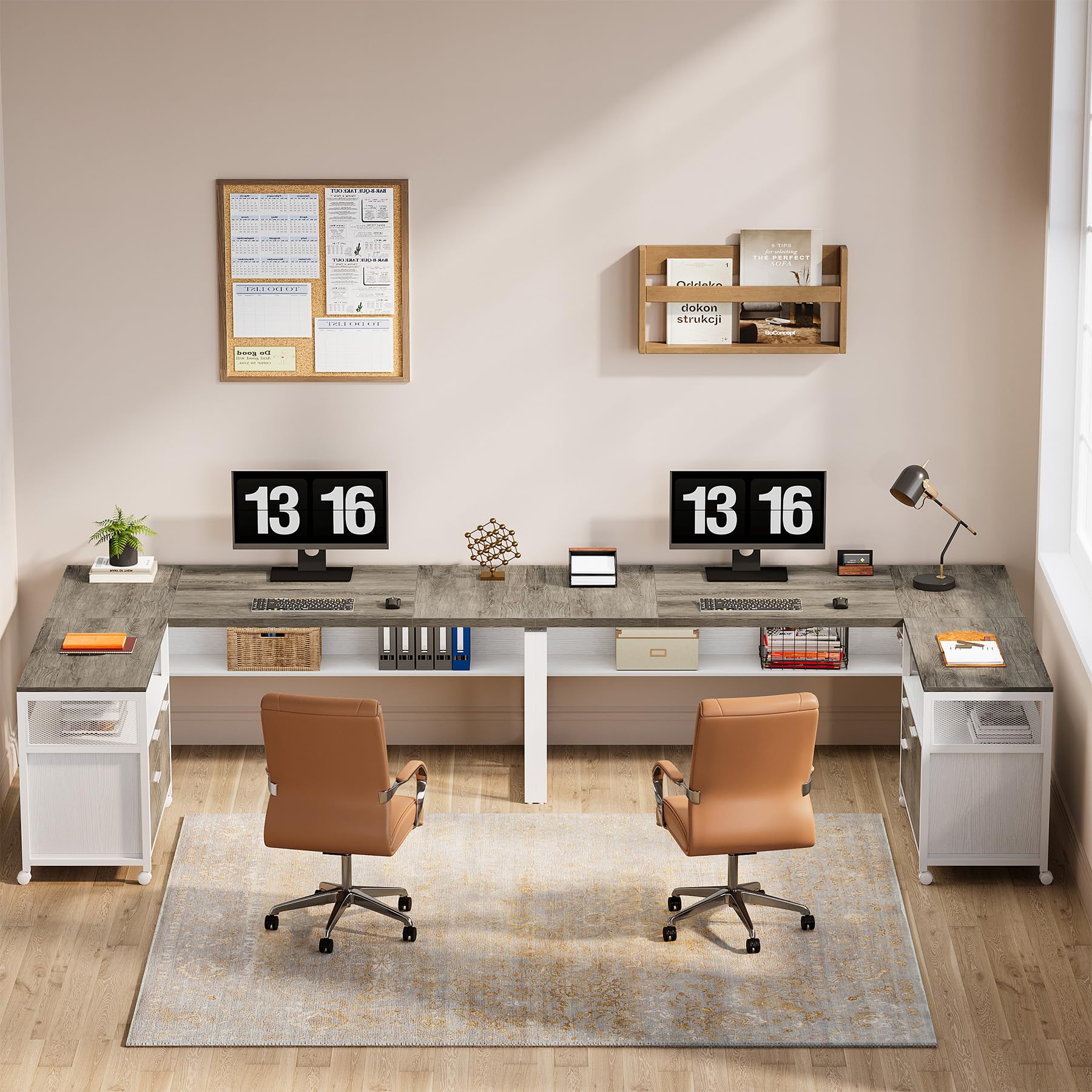 Tribesigns L-Shaped Desk with Drawers, 63" Executive Office Desk with Mobile File Cabinet and Storage Shelves, Home Office Business Furniture Set (Gray, White)