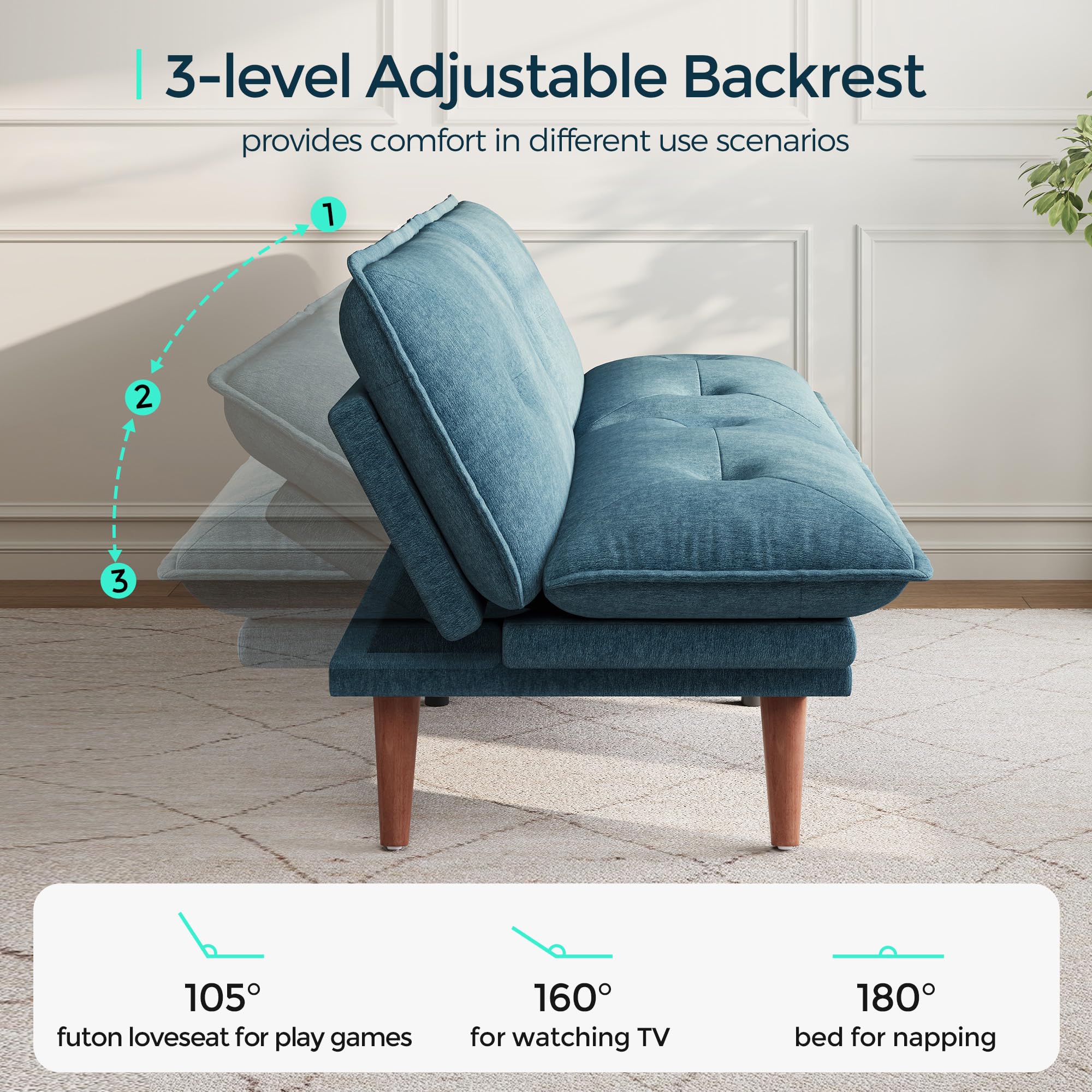 LINSY HOME Futon Sofa Bed, 70" Chenille Futon Couch with Adjustable Backrest Armrest, 3 in 1 Convertible Comfy Loveseat Sleeper Sofa Bed for Small Spaces Dorm Room Apartment Home Office, Blue