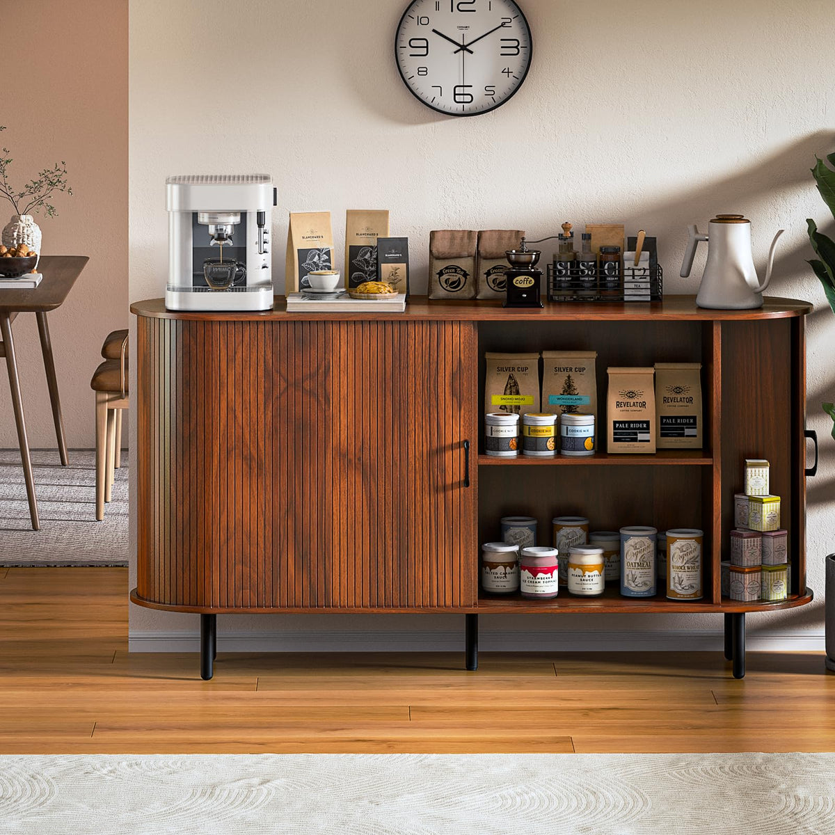 PUKAMI 55" Wood Buffet Sideboard Cabinet with Storage for Entryway, Walnut