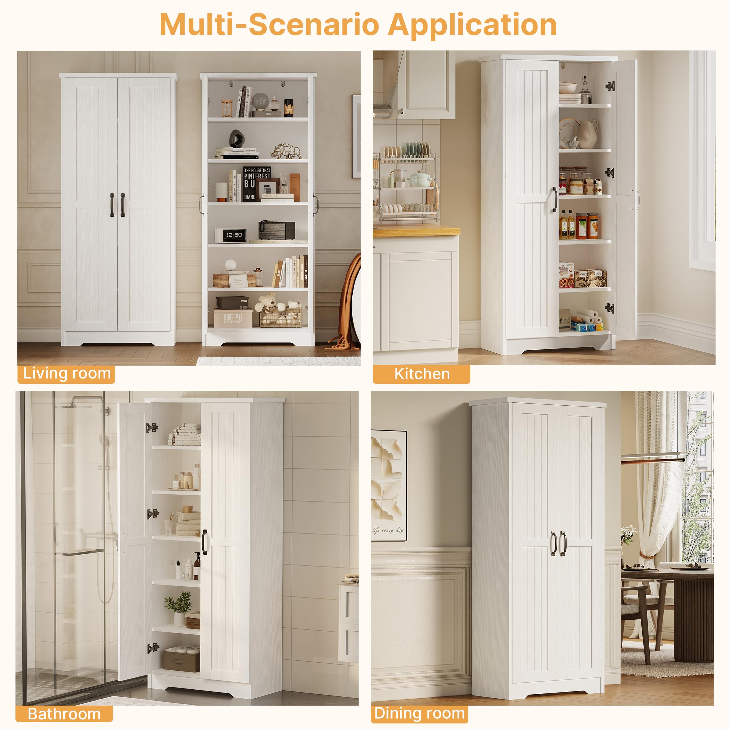 Decofy 70" Tall Storage Cabinet, Large Wood Storage Pantry Cabinet with 6 Adjustable Shelves & 2 Doors, Standing Utility Storage Cabinets for Kitchen, Bathroom, Dining Room (Soft White)
