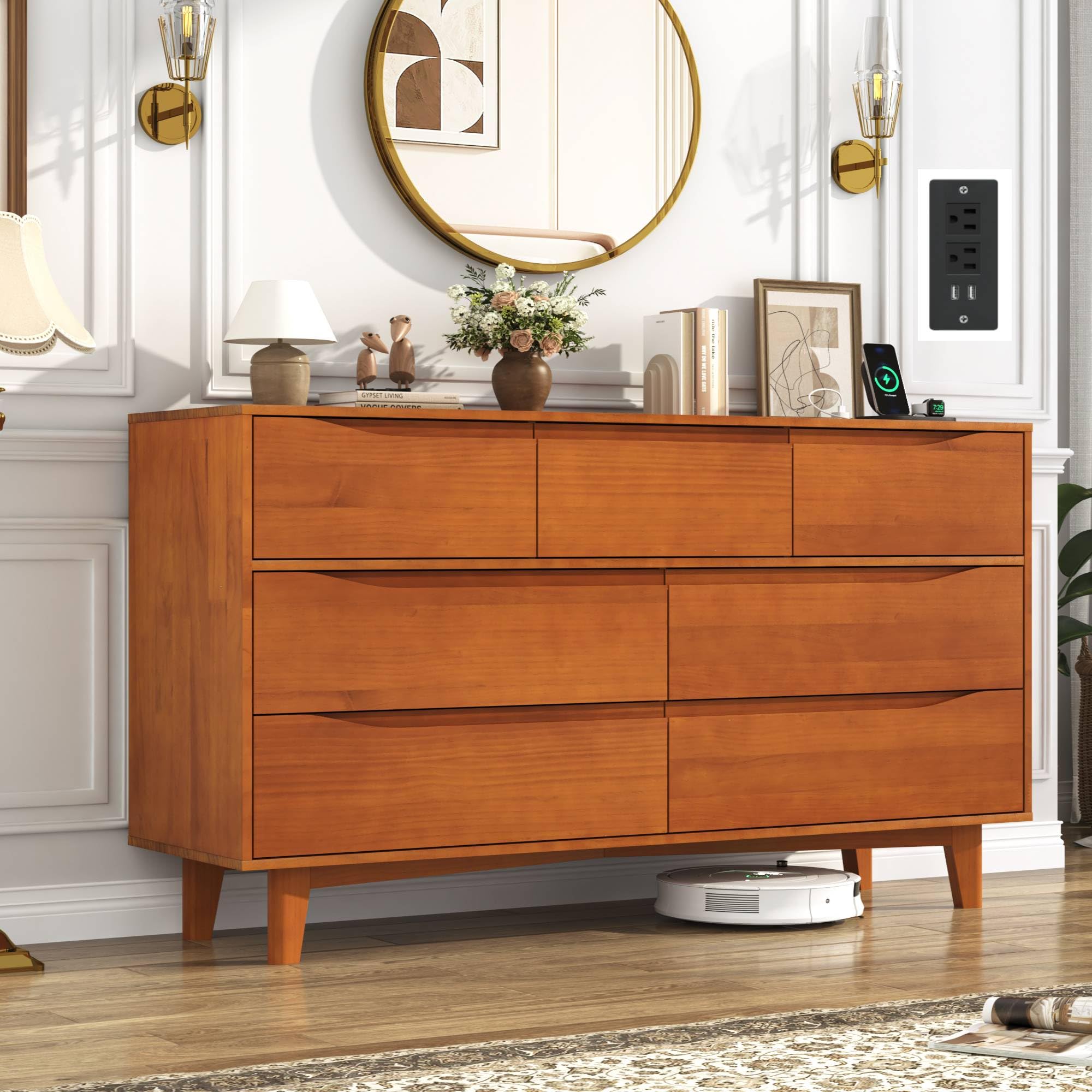7 Drawer Dresser for Bedroom, 55” Wide Solid Wood Dresser with Power Outlet, Mid-Century Modern Chest with Solid Wooden, Large Wood Storage Organizer,Wood TV Stand for Bedroom, Living Room,Caramel