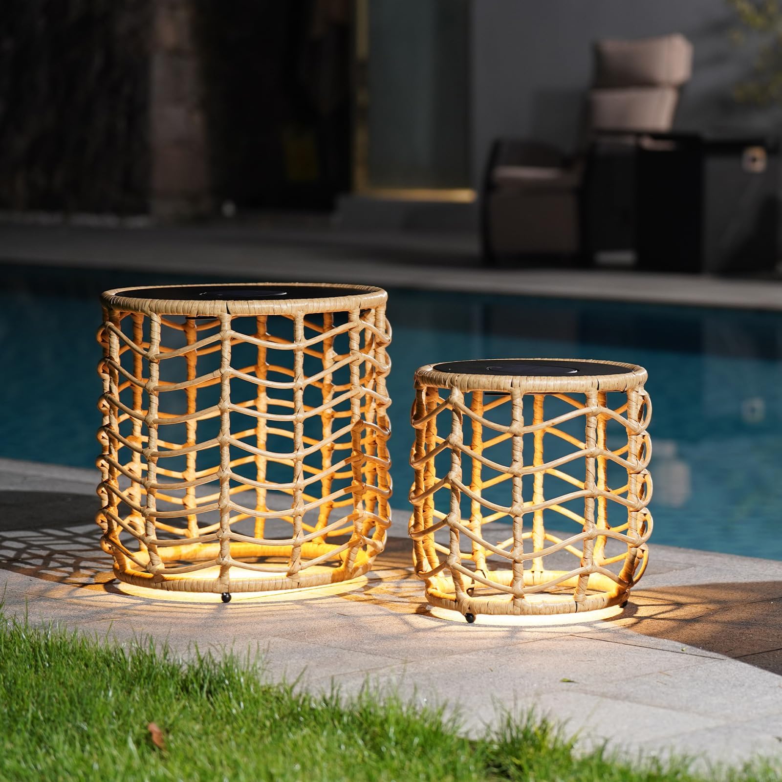 Boho Solar Nesting Side Tables with Built-in Lights – Set of 2, Wicker