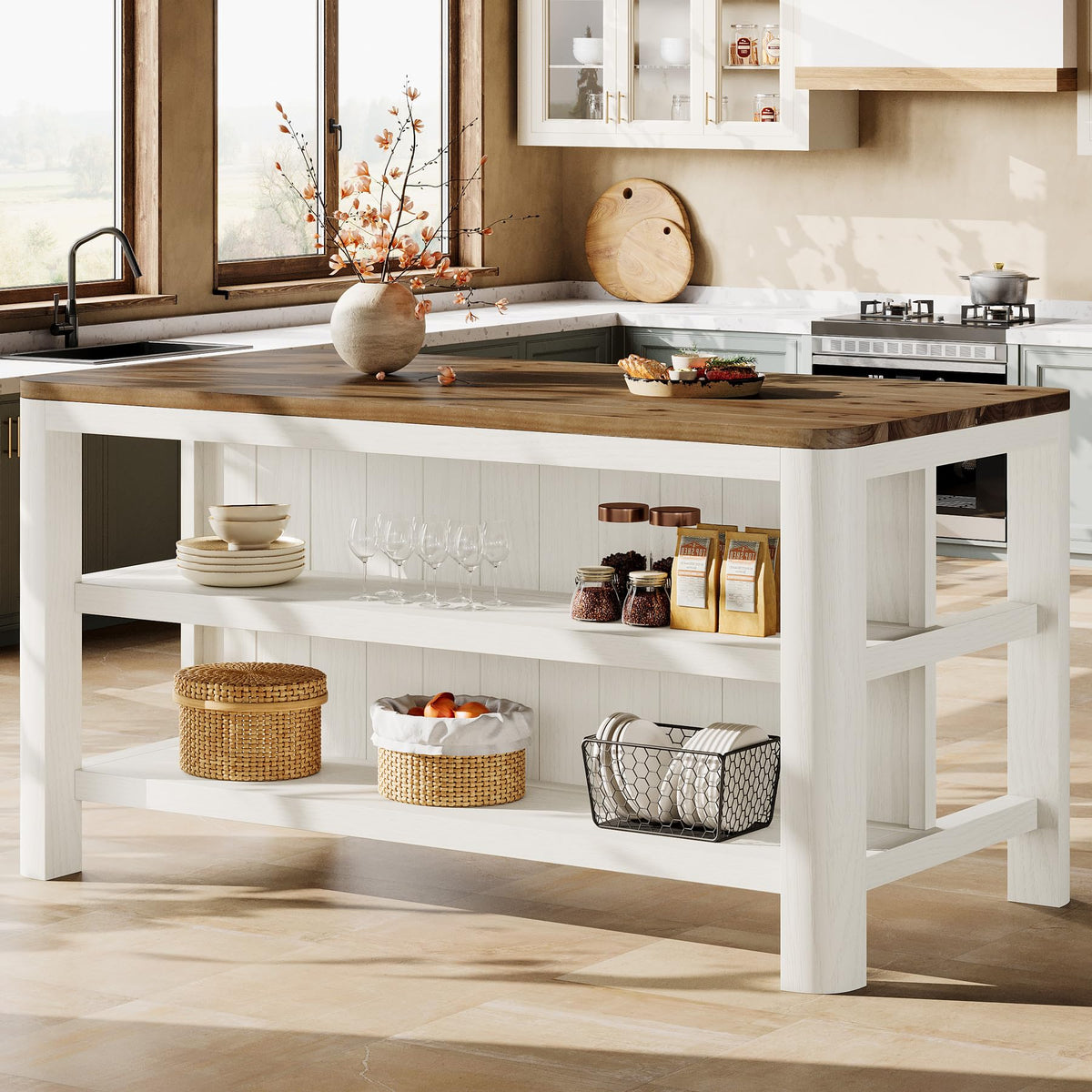 Solid Wood Kitchen Island with Shelves
