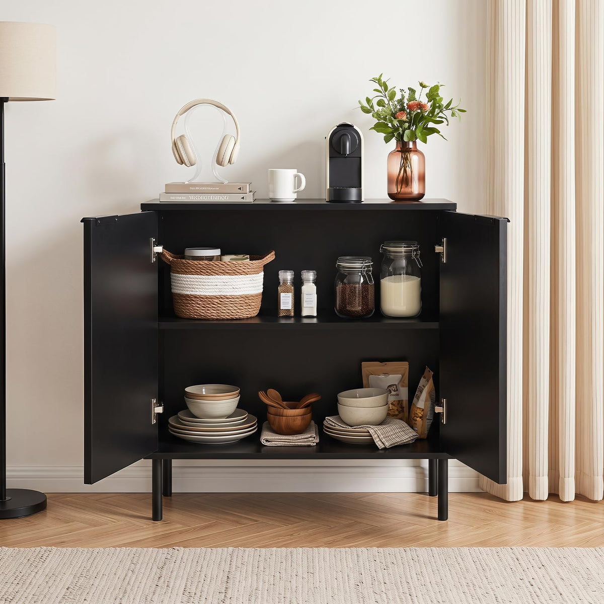 GIANTEX Fluted Buffet Cabinet, 2-Door Sideboard w/Storage (Black)