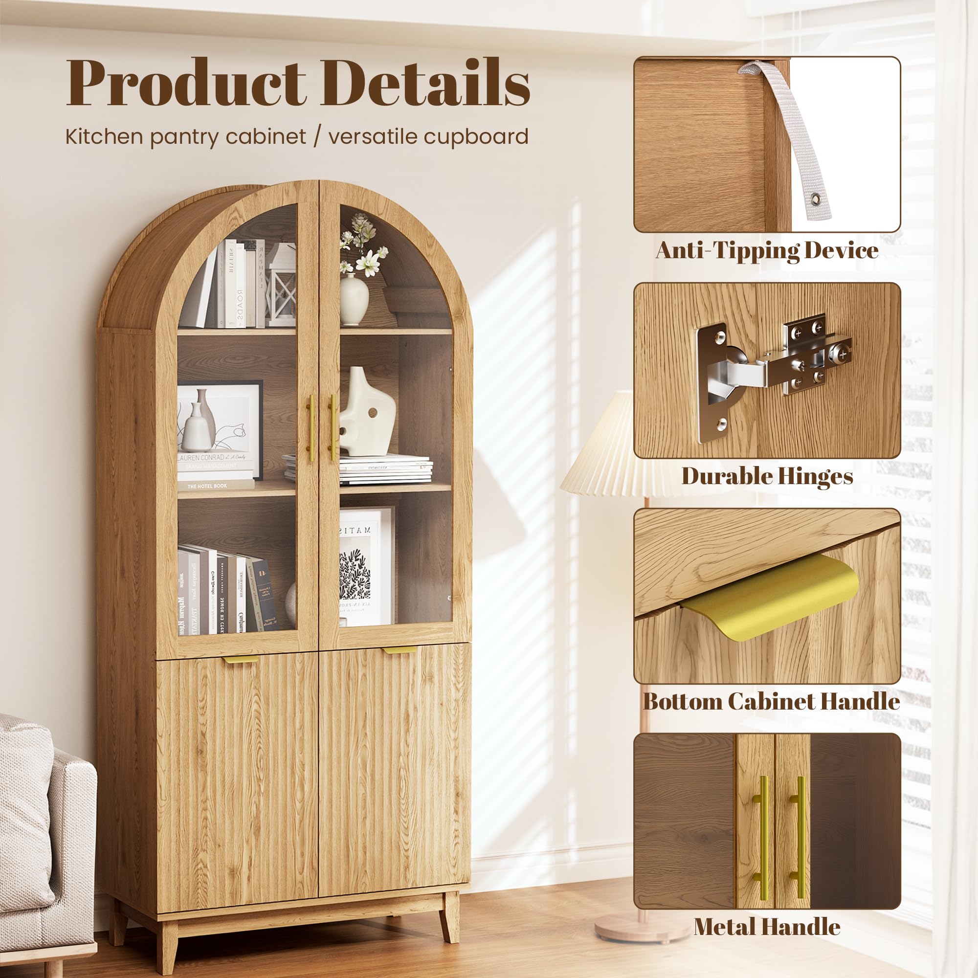 Arched Glass Door Pantry Cabinet with Fluted Detail