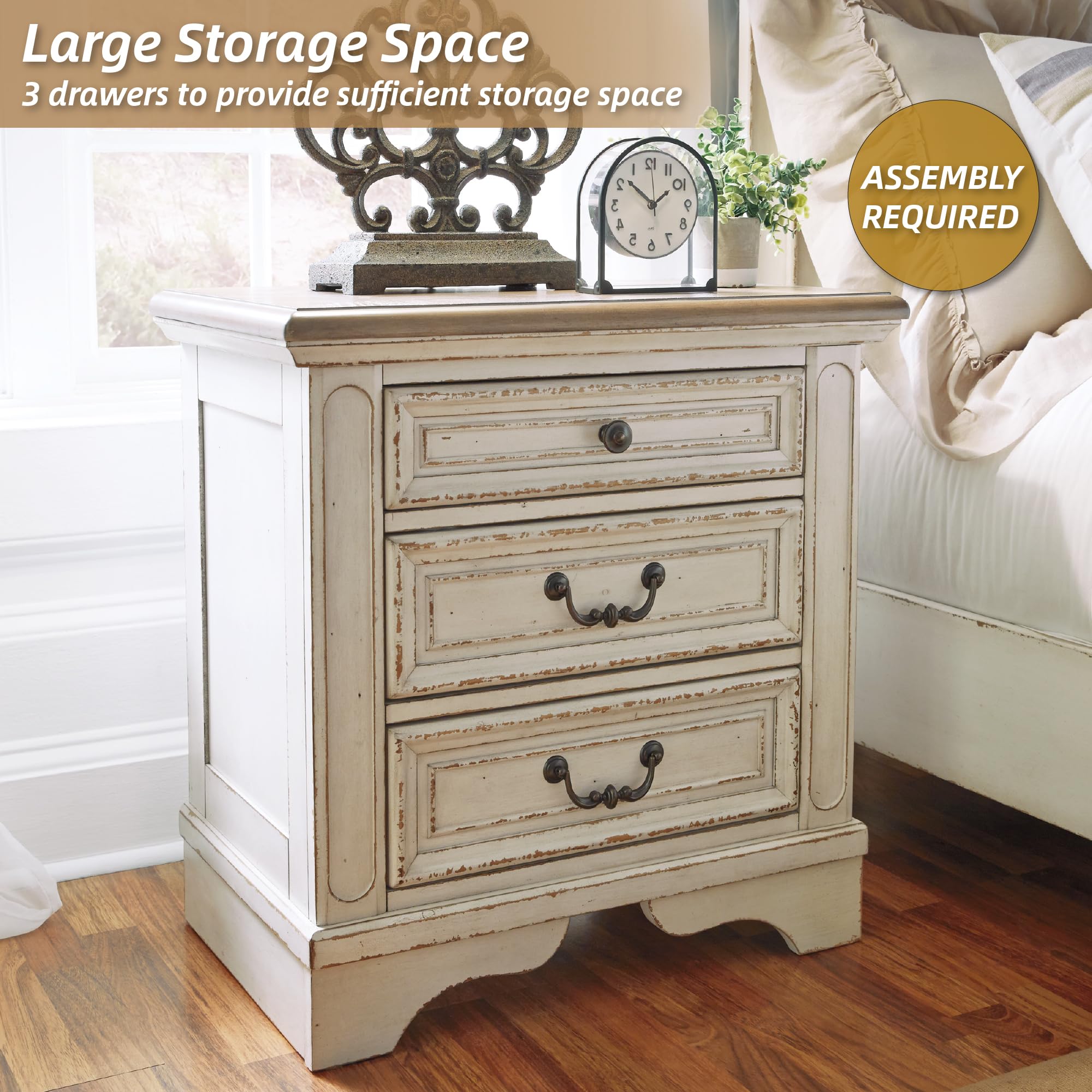 Cottage Nightstand with USB Outlets – 3 Drawer, Chipped White