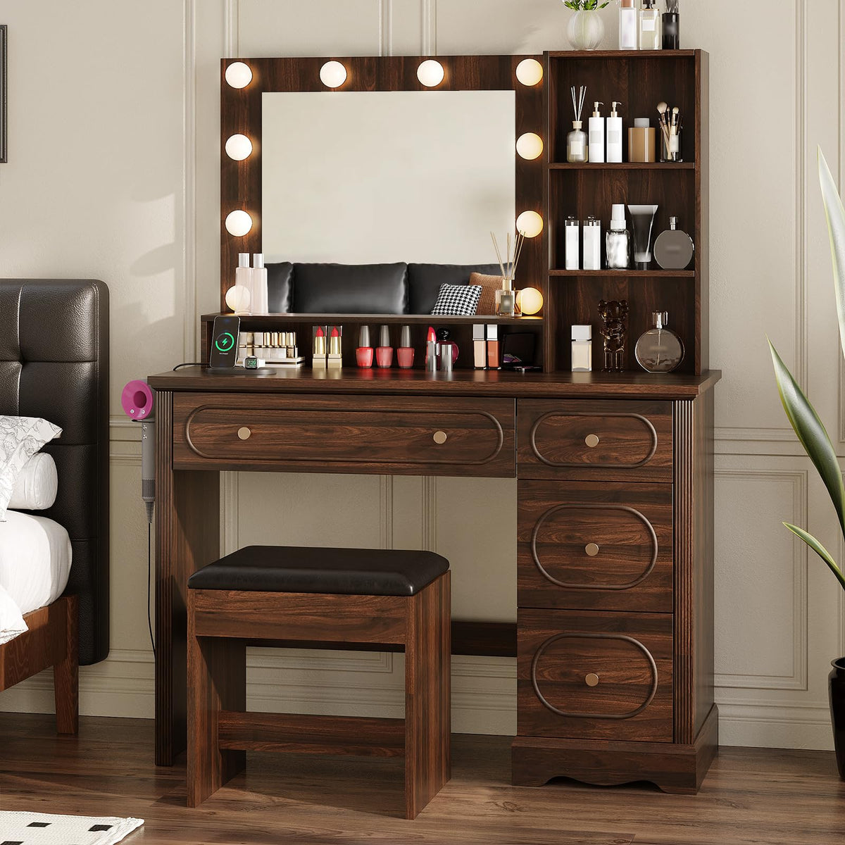 Walnut Brown Lighted Makeup Vanity