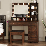 Walnut Brown Lighted Makeup Vanity