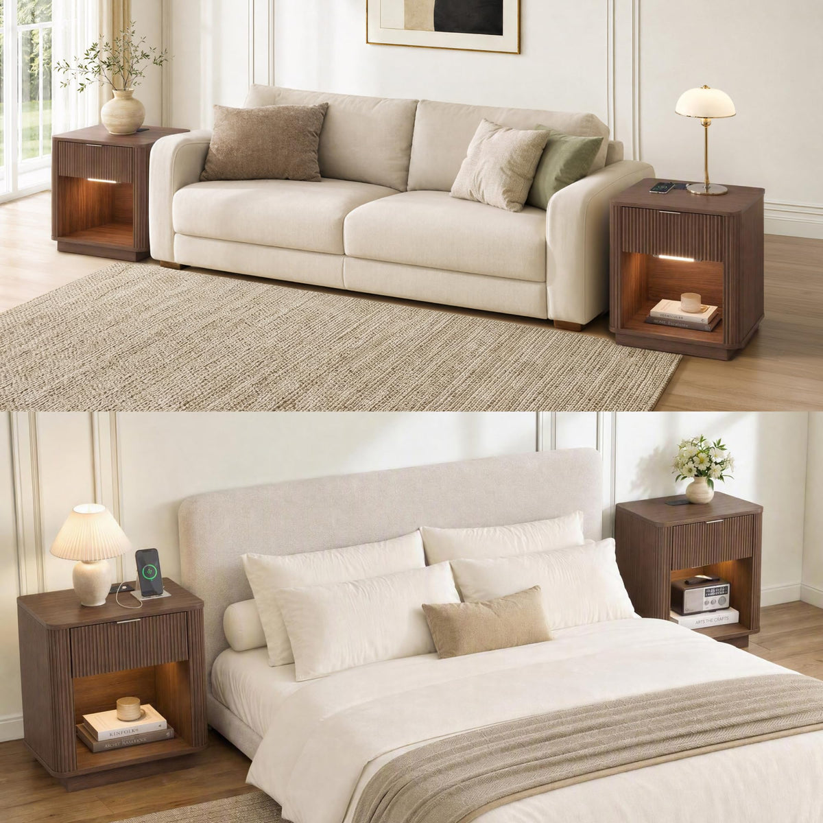 KISLOT 23'' Fluted Nightstand Set of 2 w/Charging Station,Drawers,Walnut