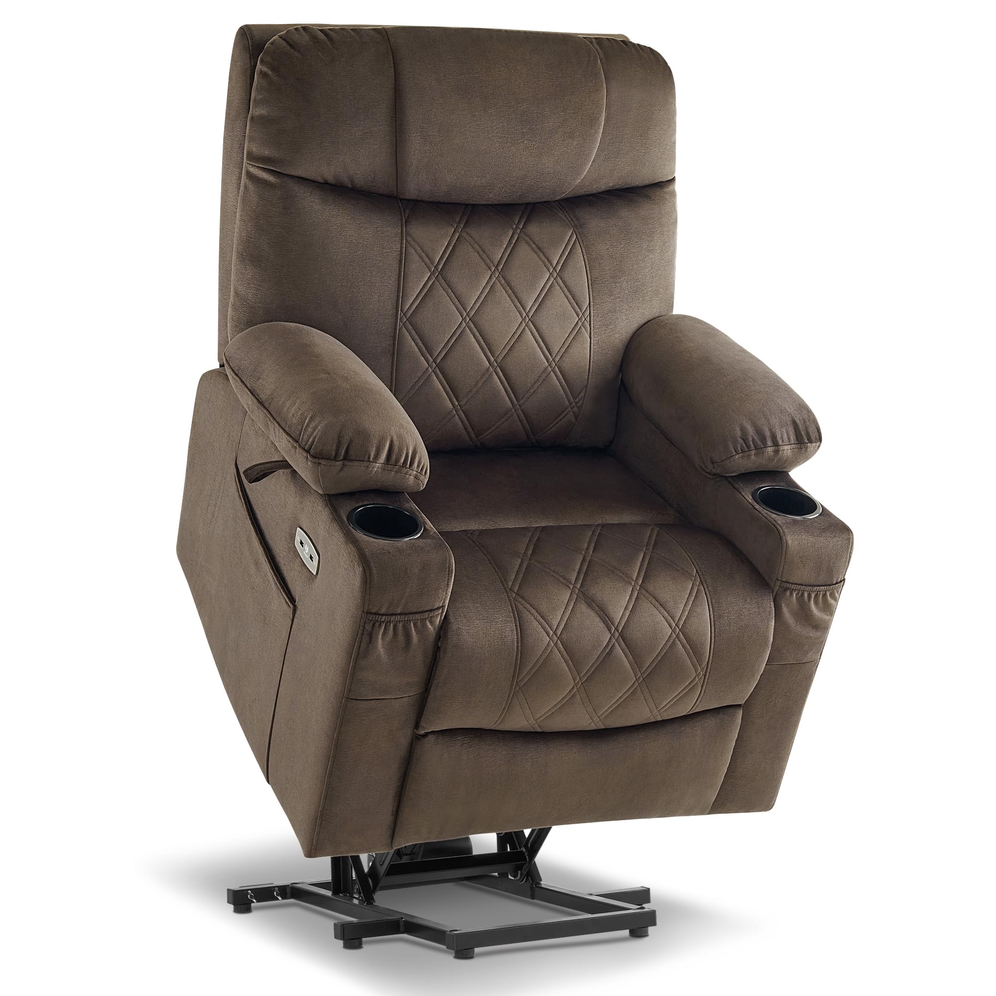 MCombo Small Size Triple Motor Power Lift Recliner Chair Sofa with Massage and Dual Heating, Adjustable Headrest for Elderly People Petite, USB Ports, Extended Footrest, Fabric 7222 (Coffee)
