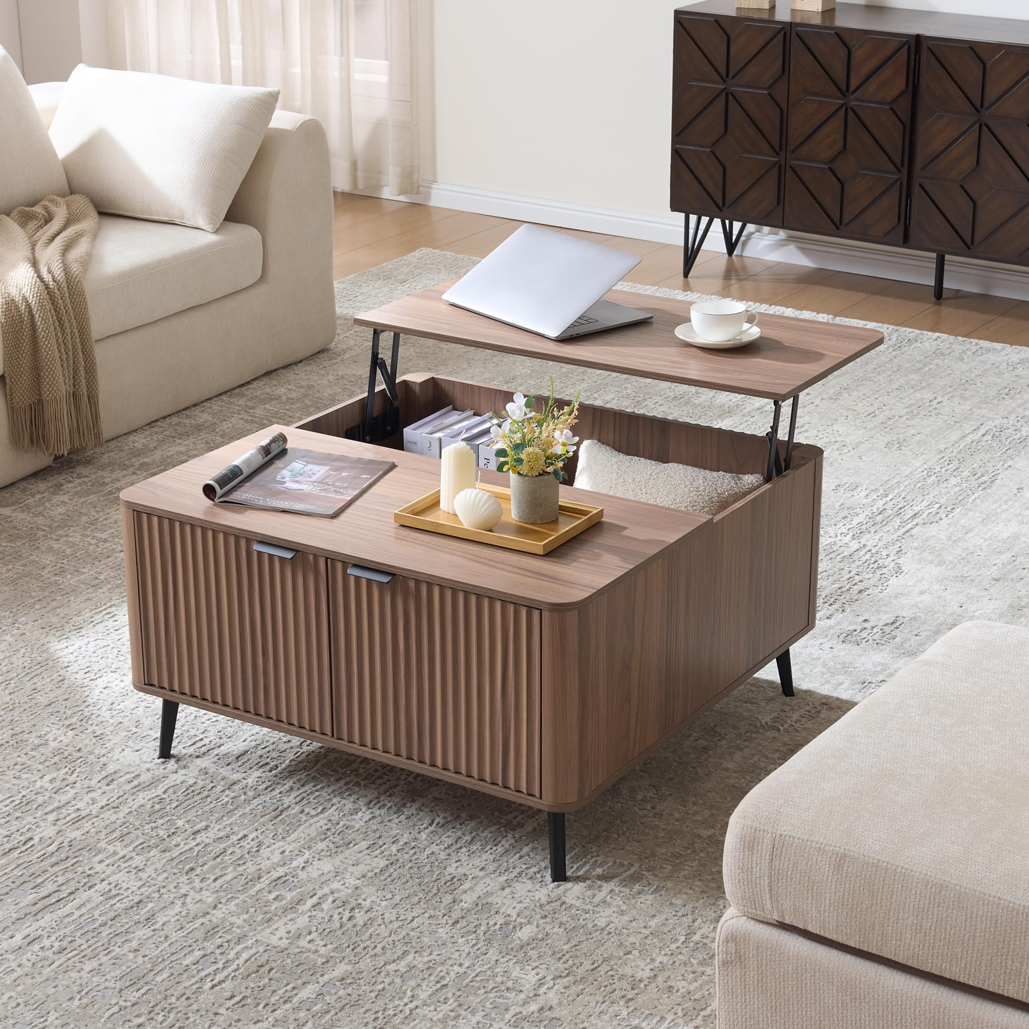 Fatmok Large Lift Top Coffee Table with Hidden Compartment, 35.4" Wide Oversized Square Coffee Table with Storage, Mid Century Modern Fluted Center Table for Home Living Room, Brown