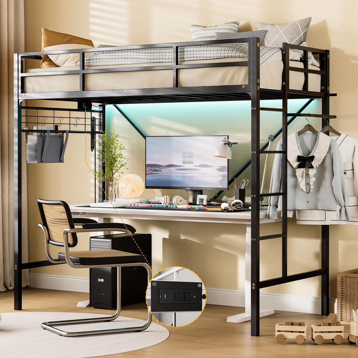 Twin Metal Loft Bed with LED Lights