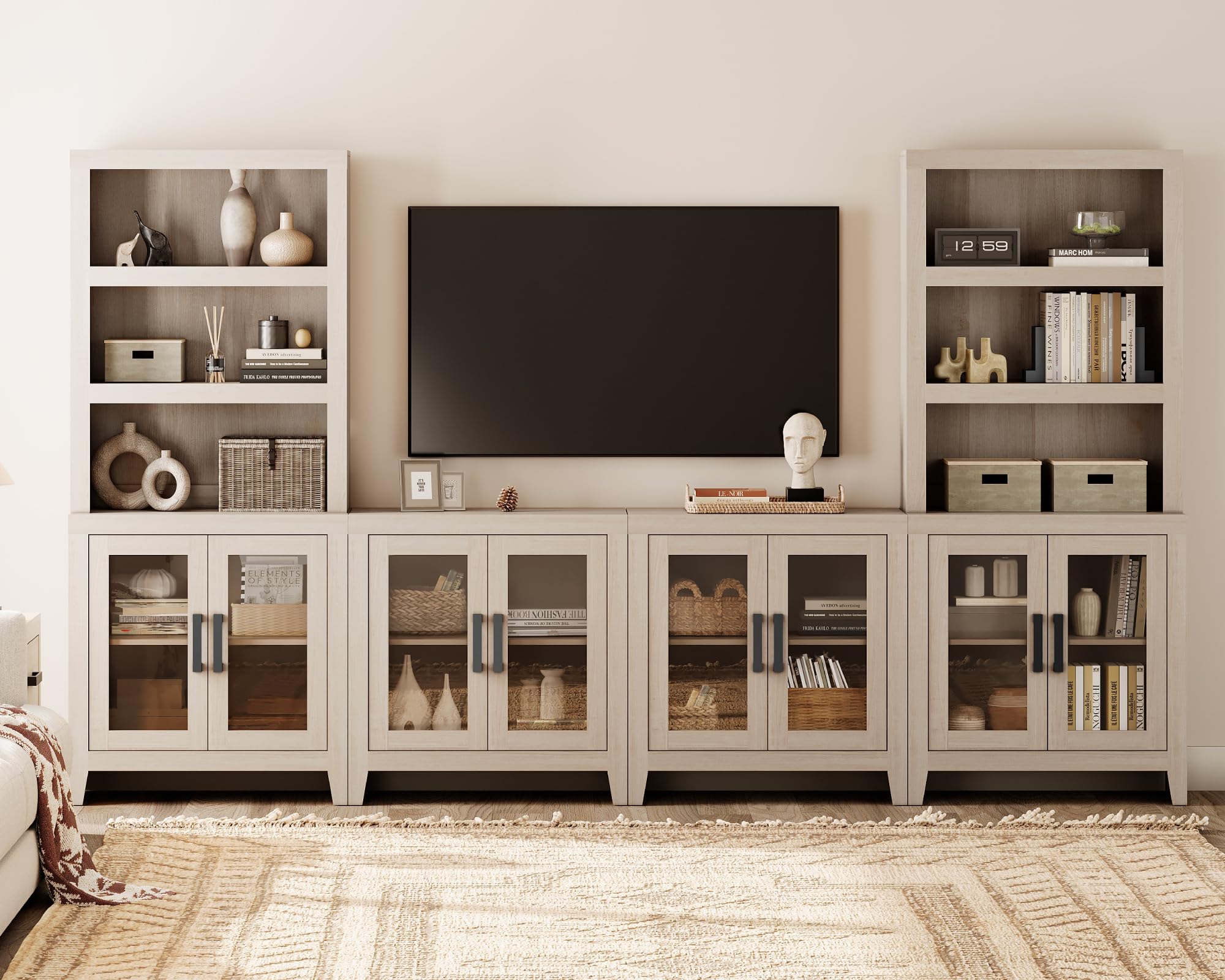 WAMPAT Farmhouse Entertainment Center with Bookshelves, 4-Piece Modular TV Stand with Storage Towers, Glass Doors, Open Shelves, Media Console for Living Room, Home Theater, Beige