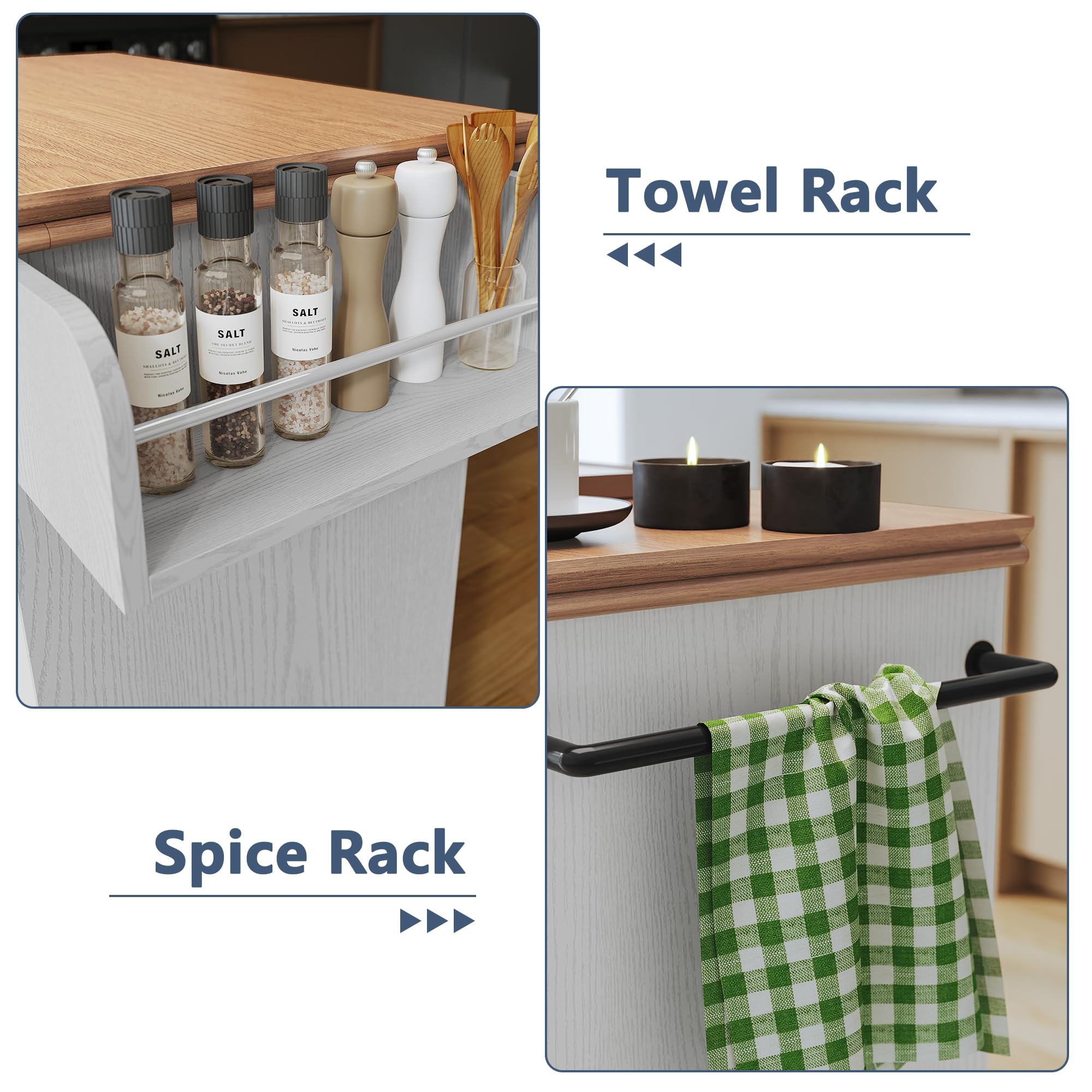 HLR 26'' Small Kitchen Island, Vintage Wood Rolling Kitchen Island Cart with Storage Cabinet and Drawer, Kitchen Cart on Wheels with Spice Rack & Towel Rack for Dining Room, White