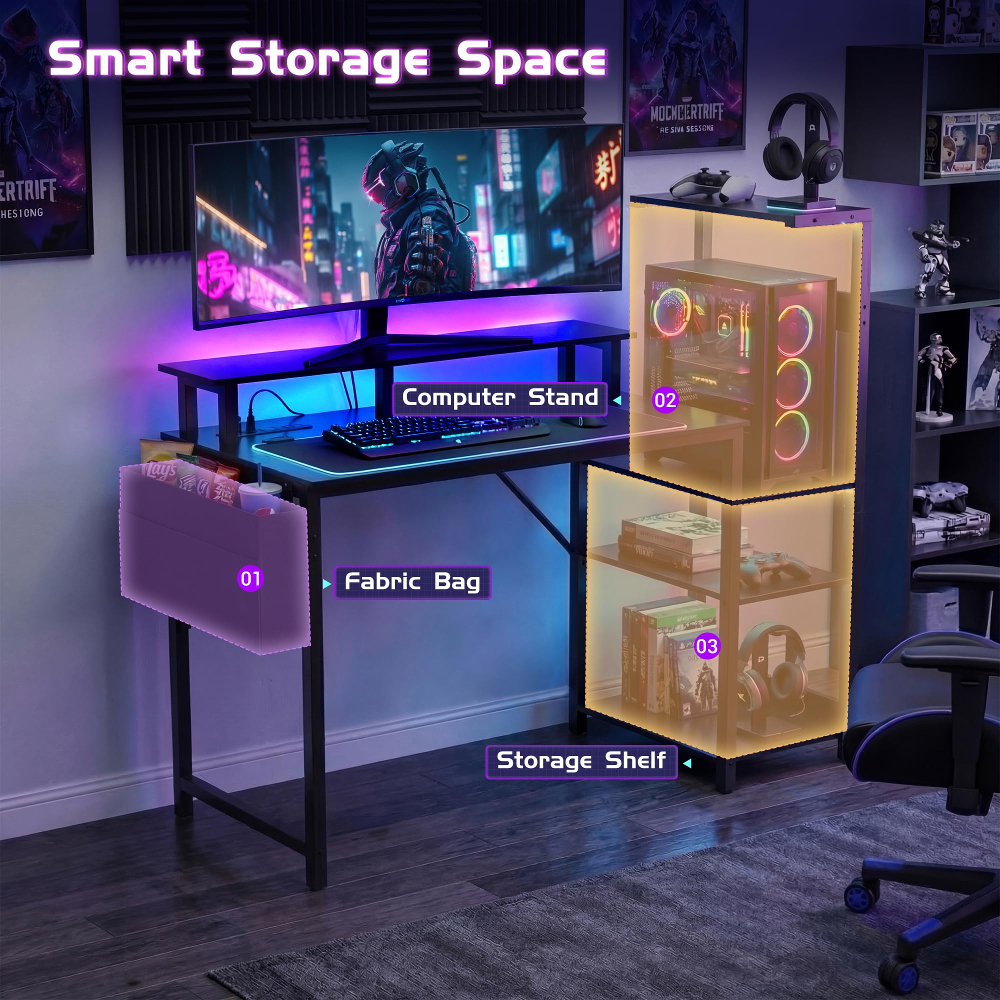 Gaming Desk with Monitor Stand & Storage Shelves