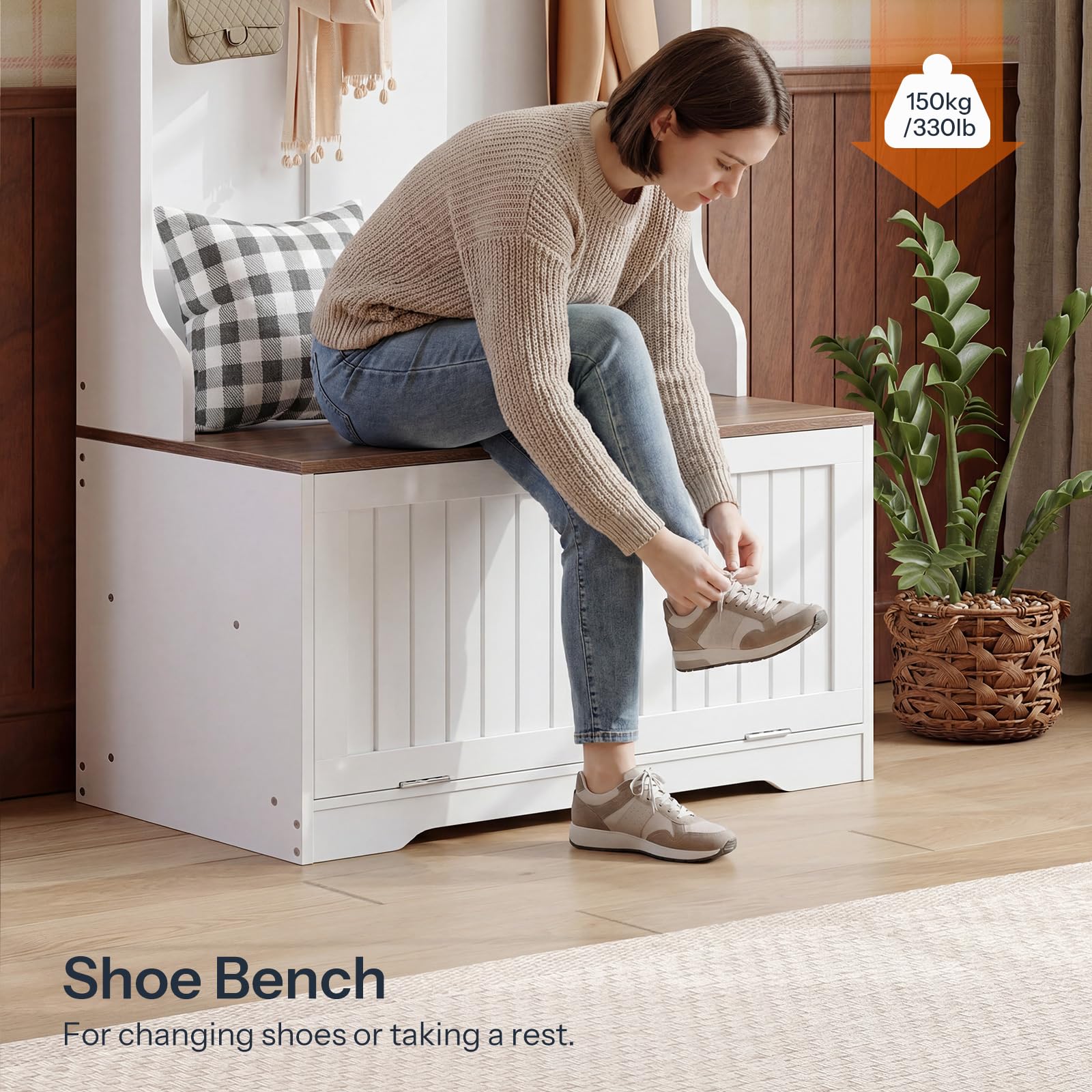 4-in-1 Hall Tree with Bench, Shoe Cabinet, 9 Hooks & LED Light Strip