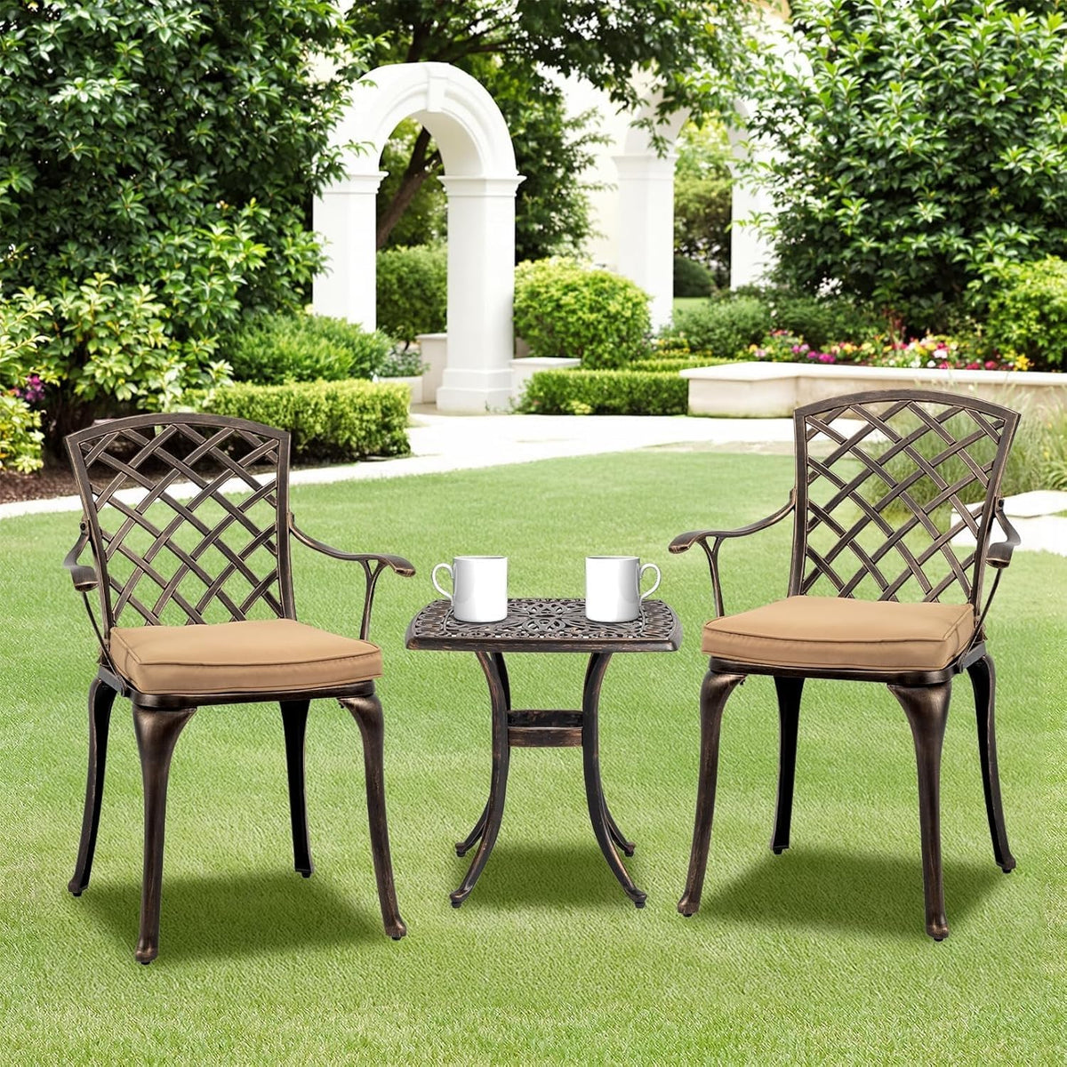 VINGLI 3-Piece Outdoor Bistro Set, All-Weather Cast Aluminum Patio Table & 2 Chairs Rustproof Small Outside Chairs for Lawn Garden Deck Pool (with Cushion)