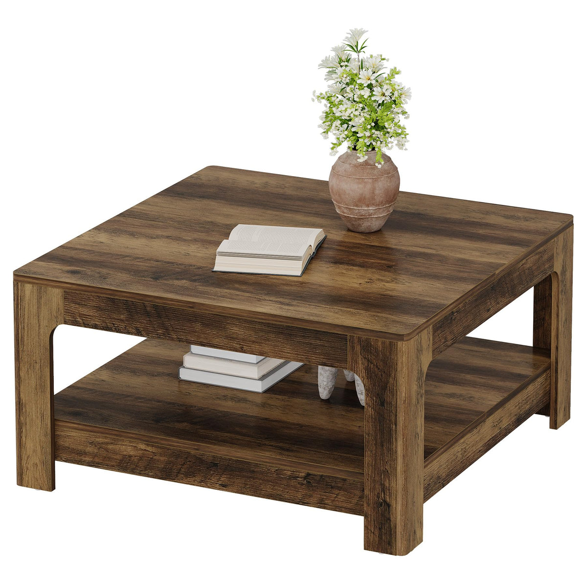 Tribesigns Square Coffee Table with Storage, 39.4-Inch Large Farmhouse Wooden Center Tea Accent Table for Living Room, Rustic Brown